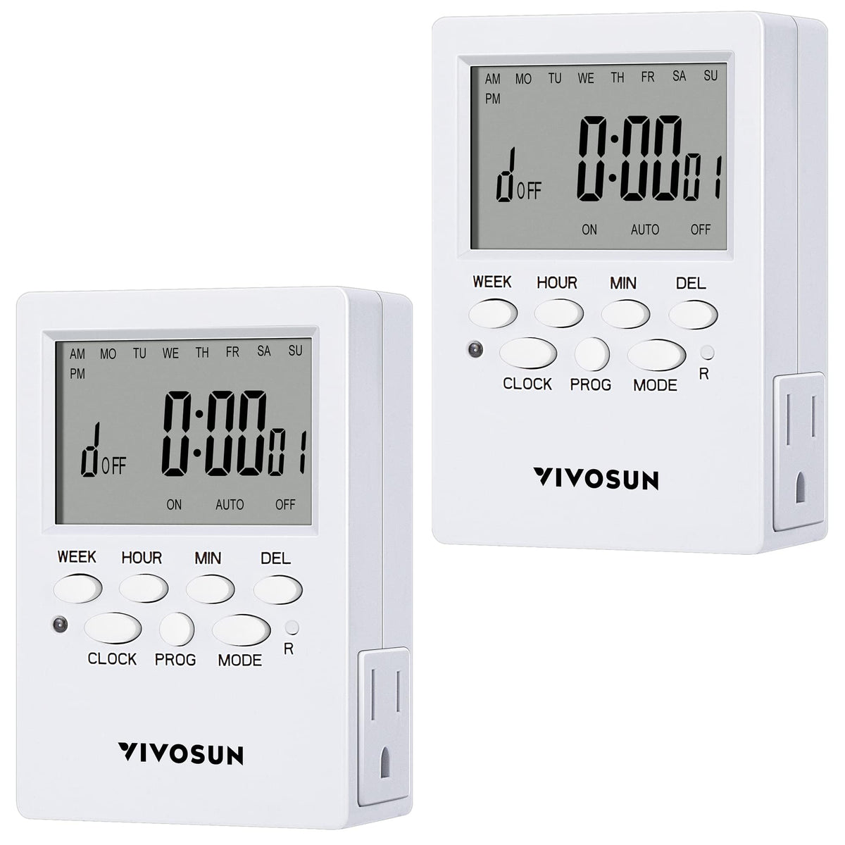 VIVOSUN 7‑Day Timer front view with dual outlets for automated lighting and appliances