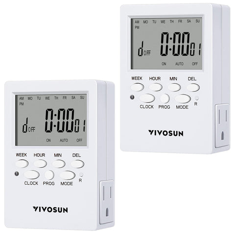VIVOSUN 7‑Day Timer front view with dual outlets for automated lighting and appliances