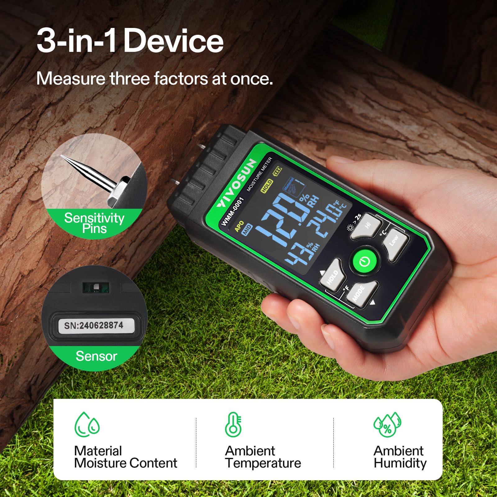 VIVOSUN ambient temp and humidity sensor display with backlit readings