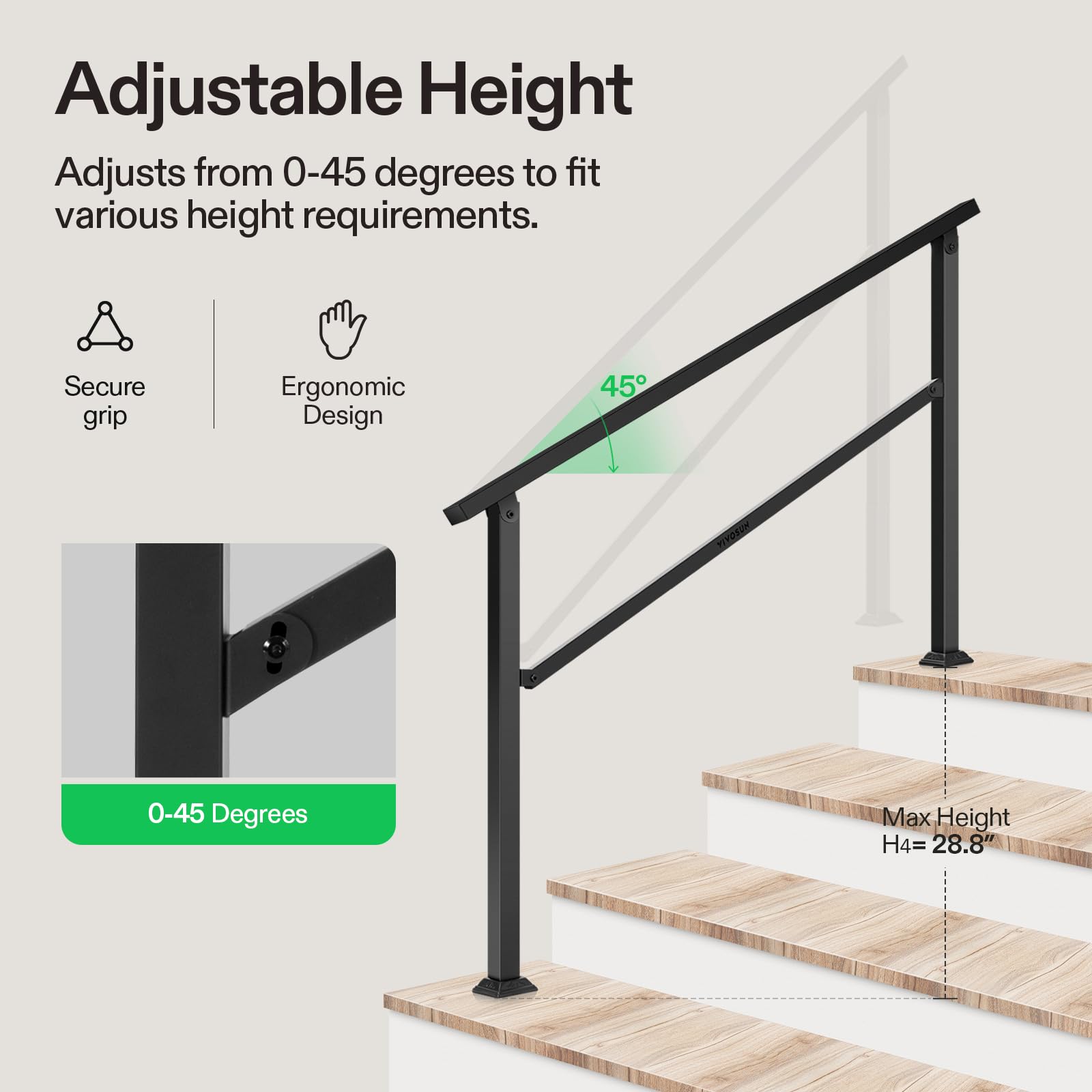 VIVOSUN powder-coated black handrail adds stylish, durable protection.