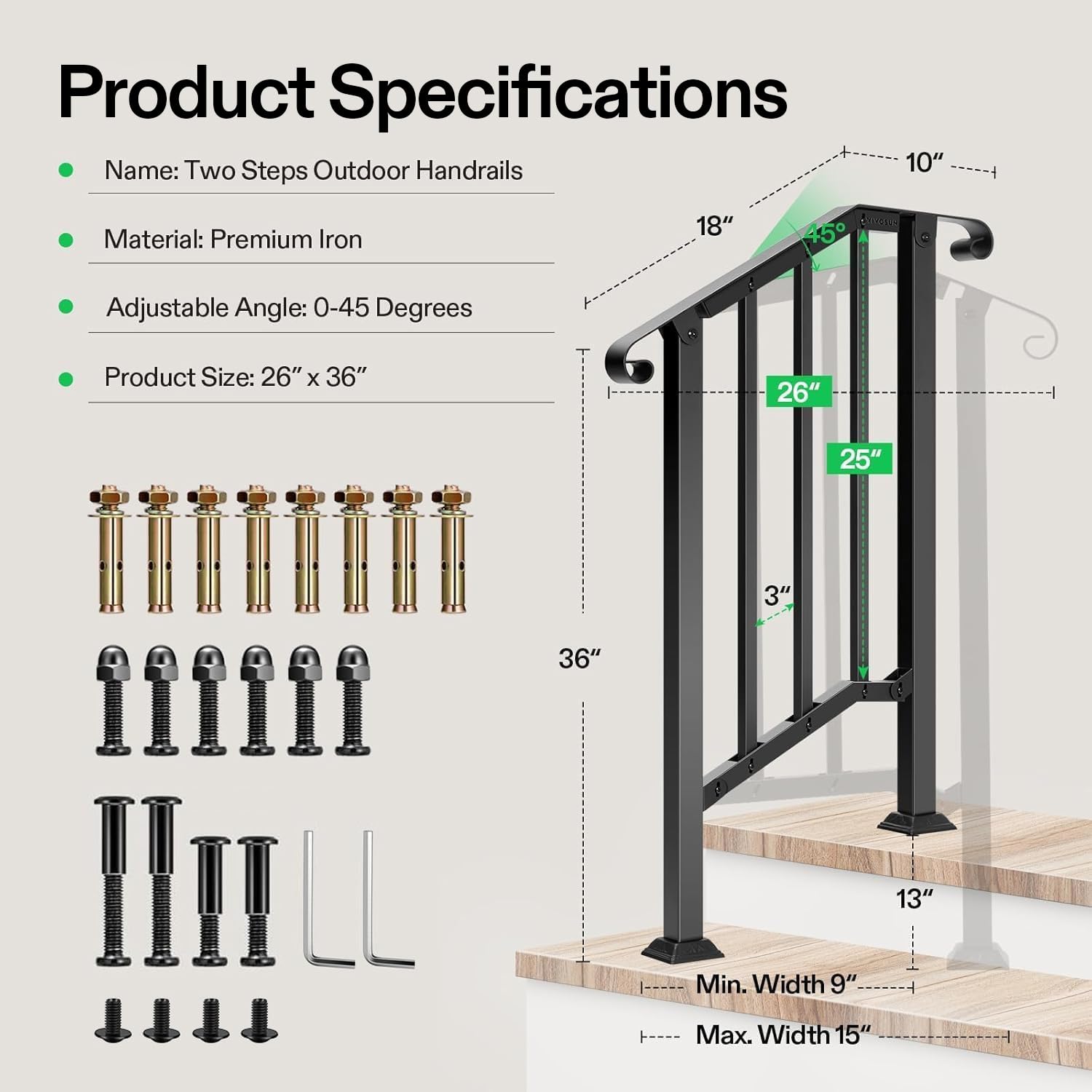 VIVOSUN versatile stair rail for porches, gardens, and garages.