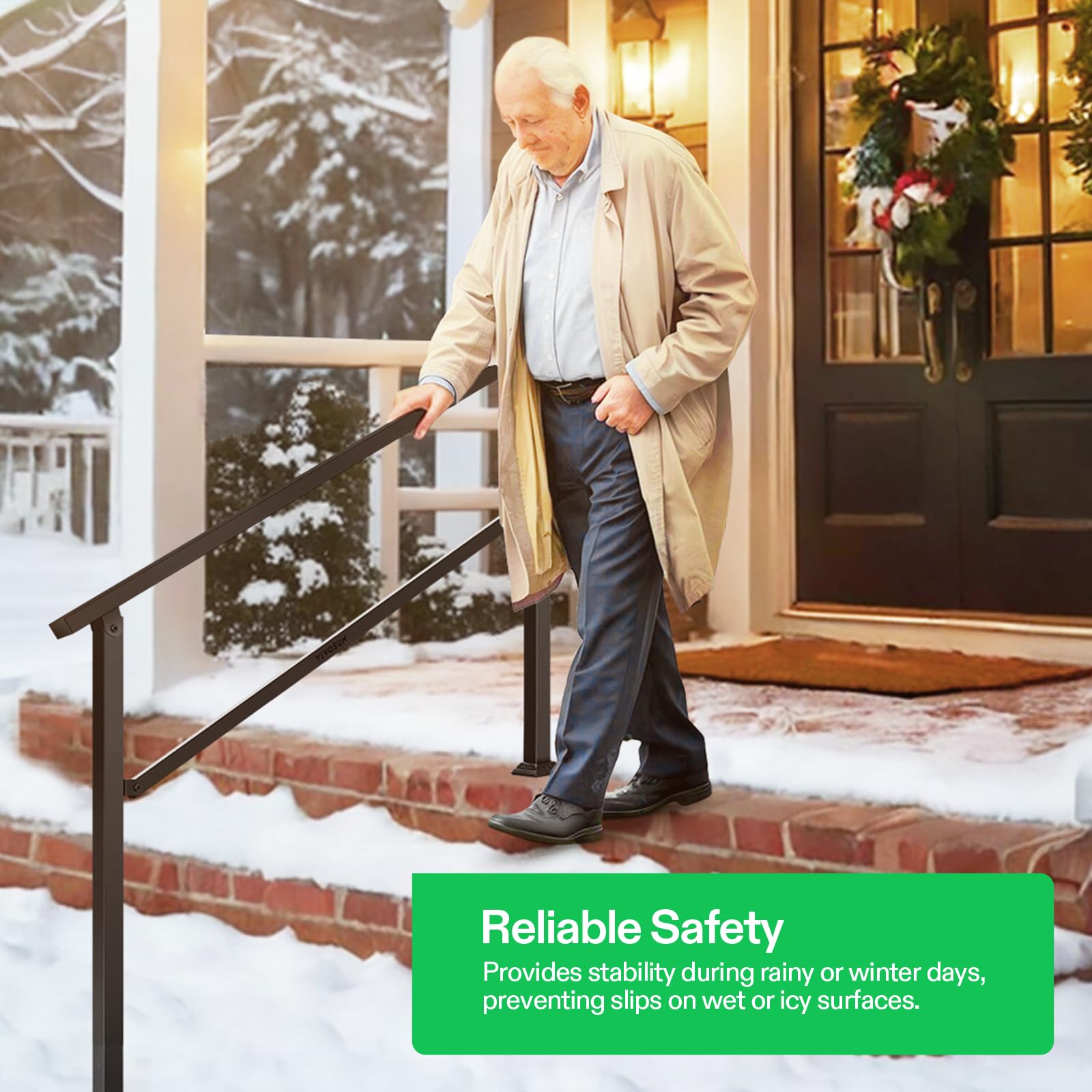 Handrail suitable for horizontal surfaces beyond vertical steps.
