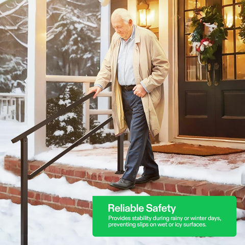 Handrail suitable for horizontal surfaces beyond vertical steps.
