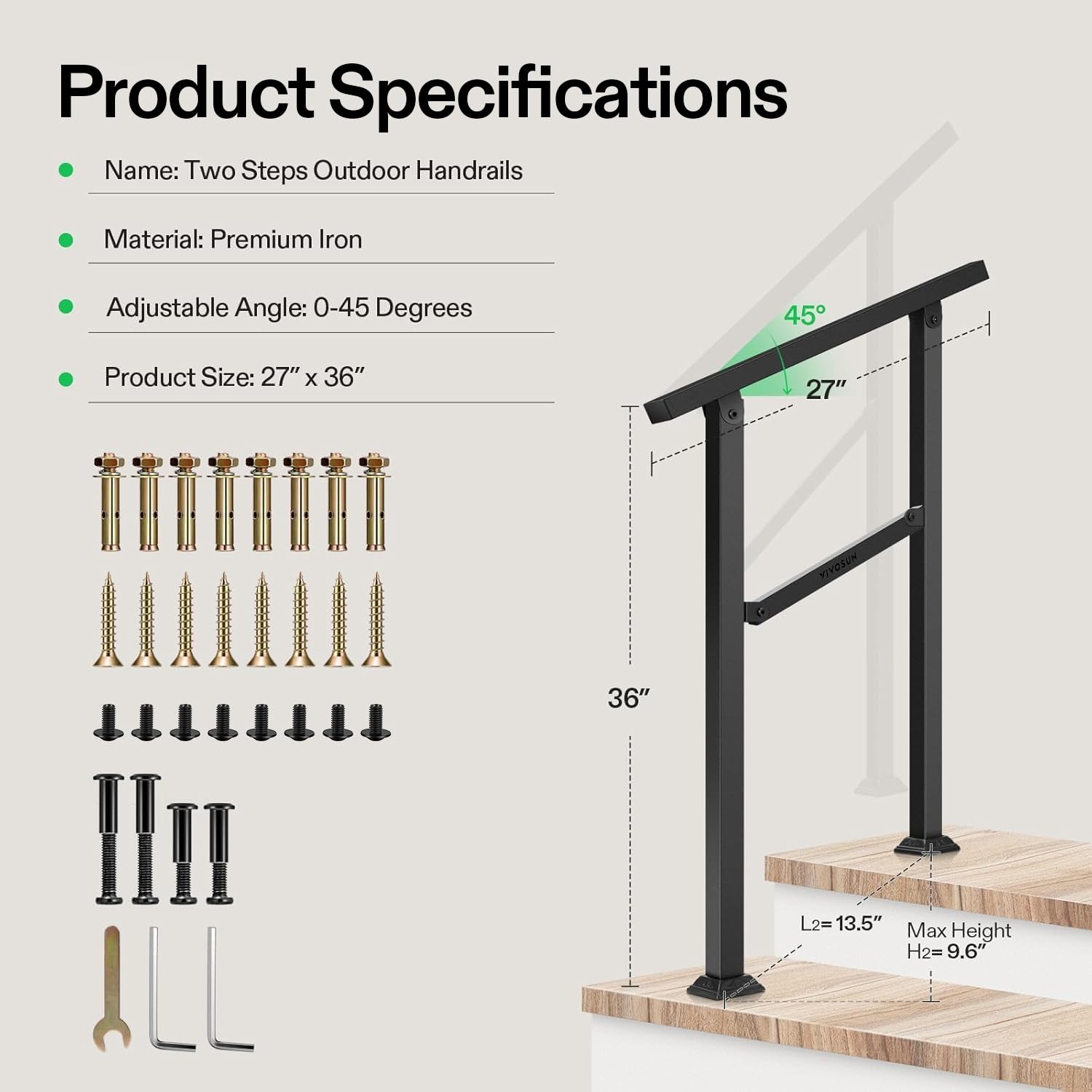 VIVOSUN outdoor handrail weather durability resists rain and snow over years.