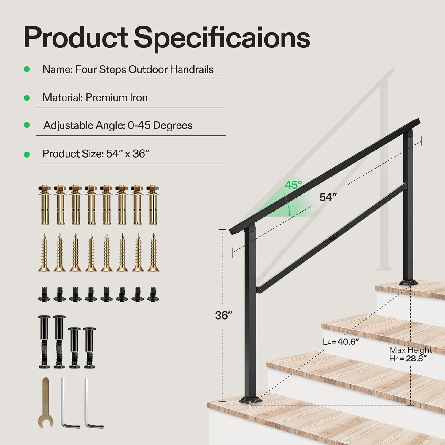 VIVOSUN handrail on concrete steps showing weather-resistant finish.