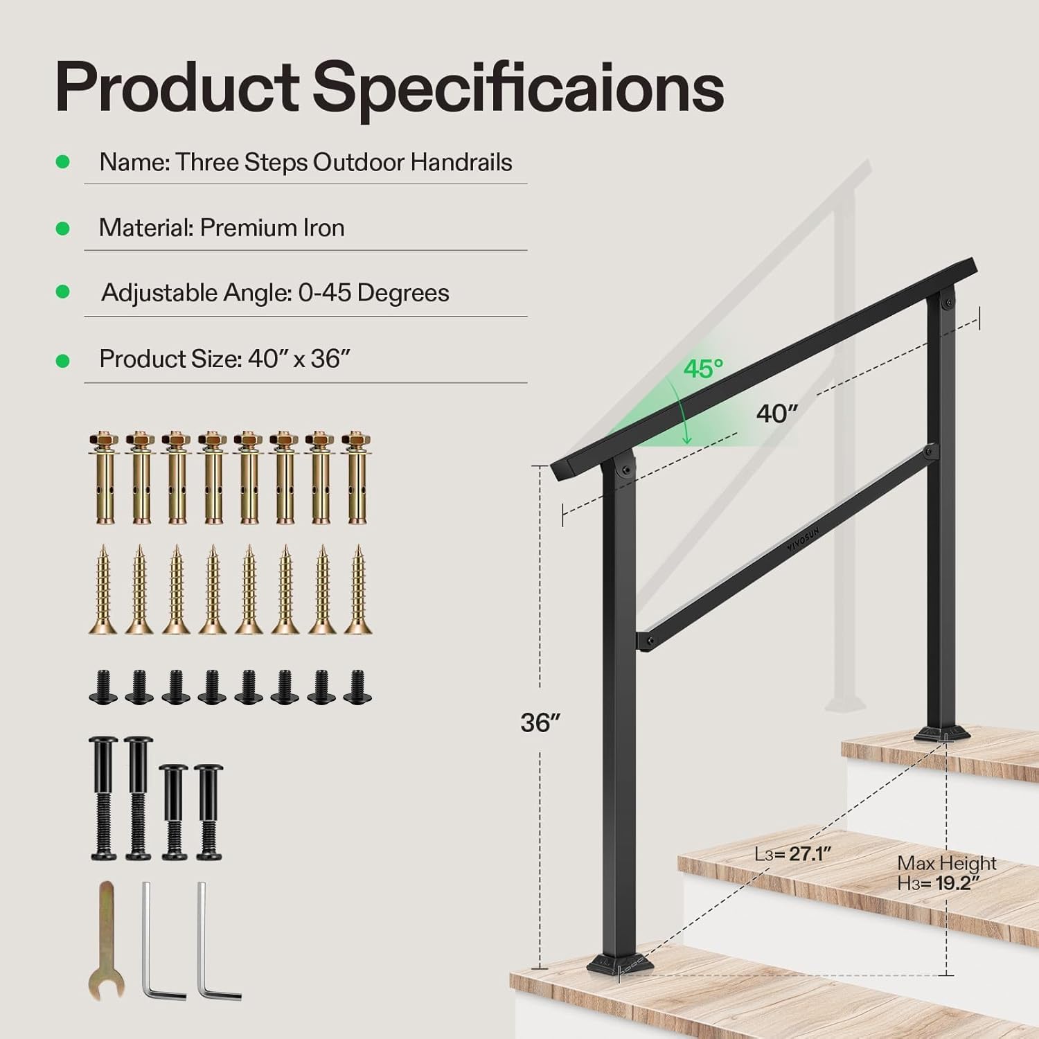 VIVOSUN wrought iron handrail with black powder-coated finish resists weathering