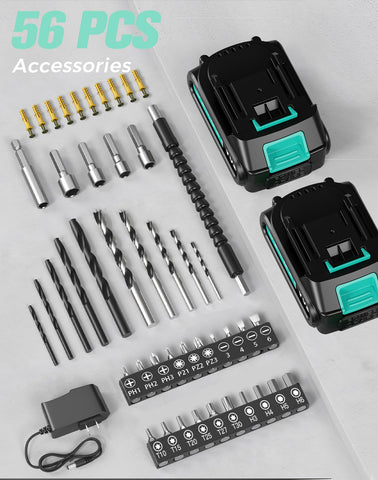 VIWKO 56-piece accessories kit provides bits, anchors, and screws for complete projects.