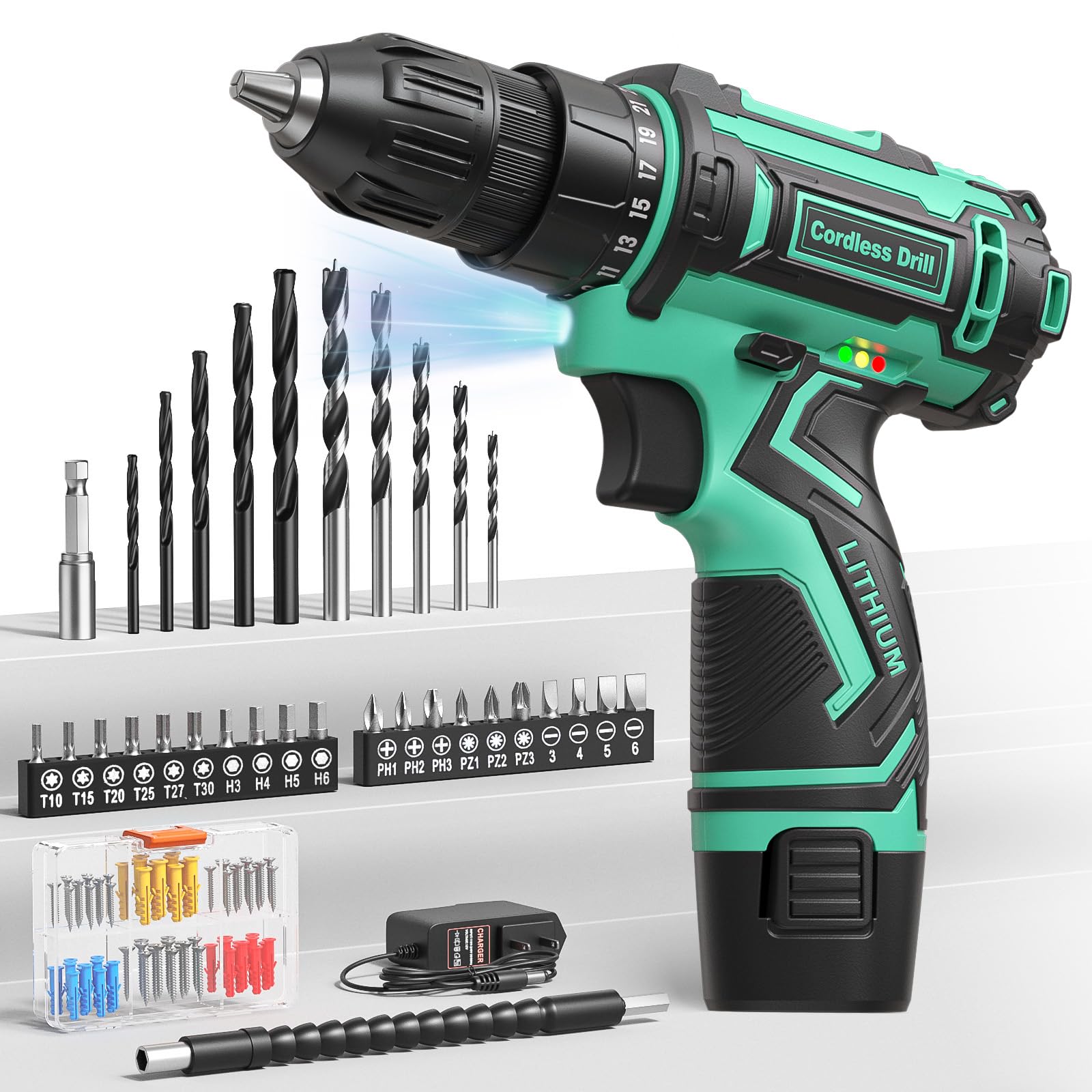 VIWKO cordless drill 12V front view in cyan for home projects.