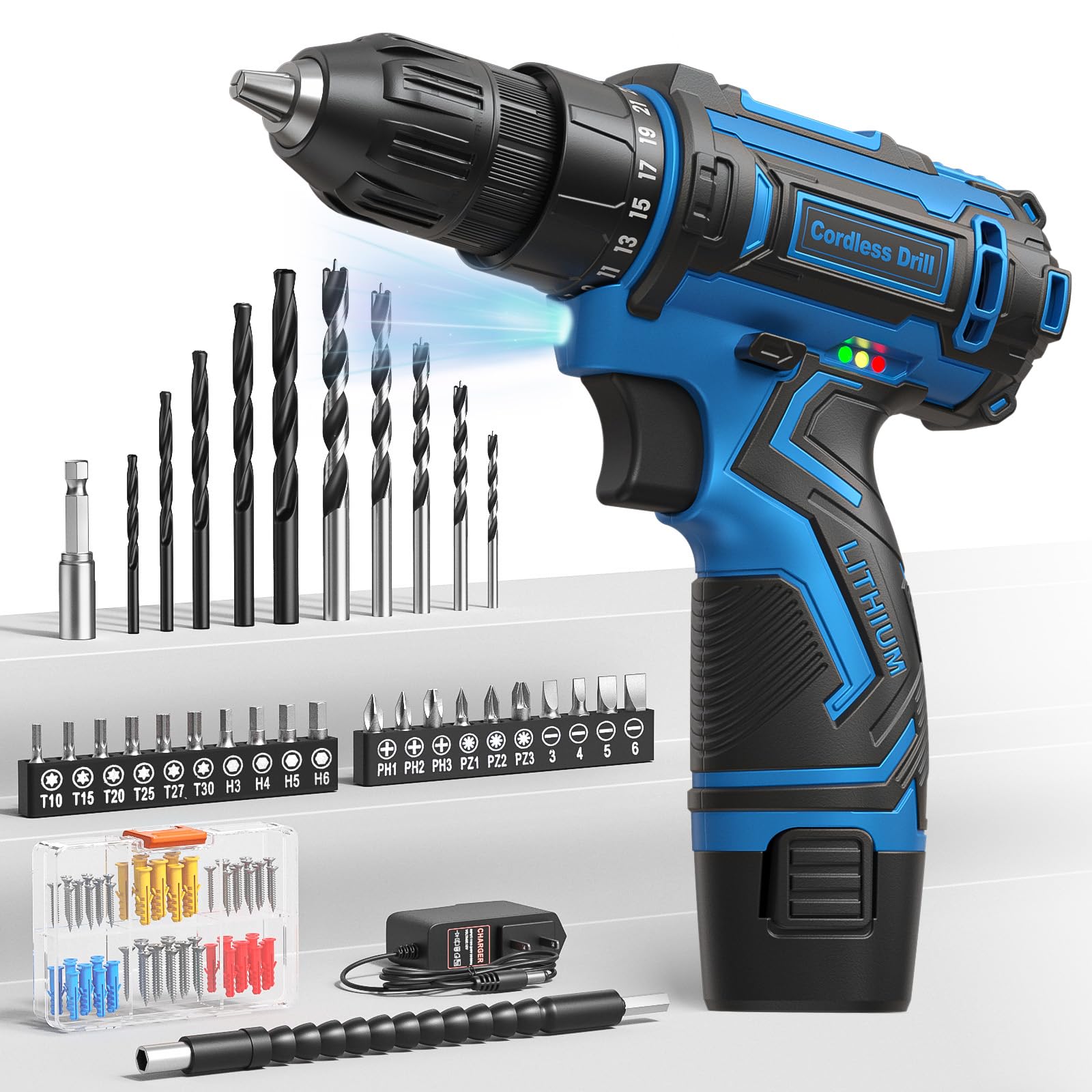 VIWKO 12V cordless drill with LED light for precise work in dim spaces.