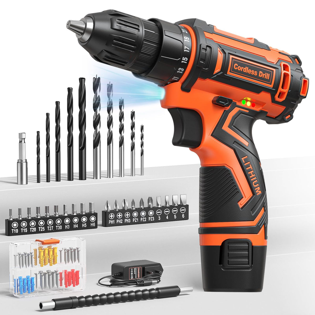 VIWKO cordless drill set LED light illuminates a dark workspace for precise drilling