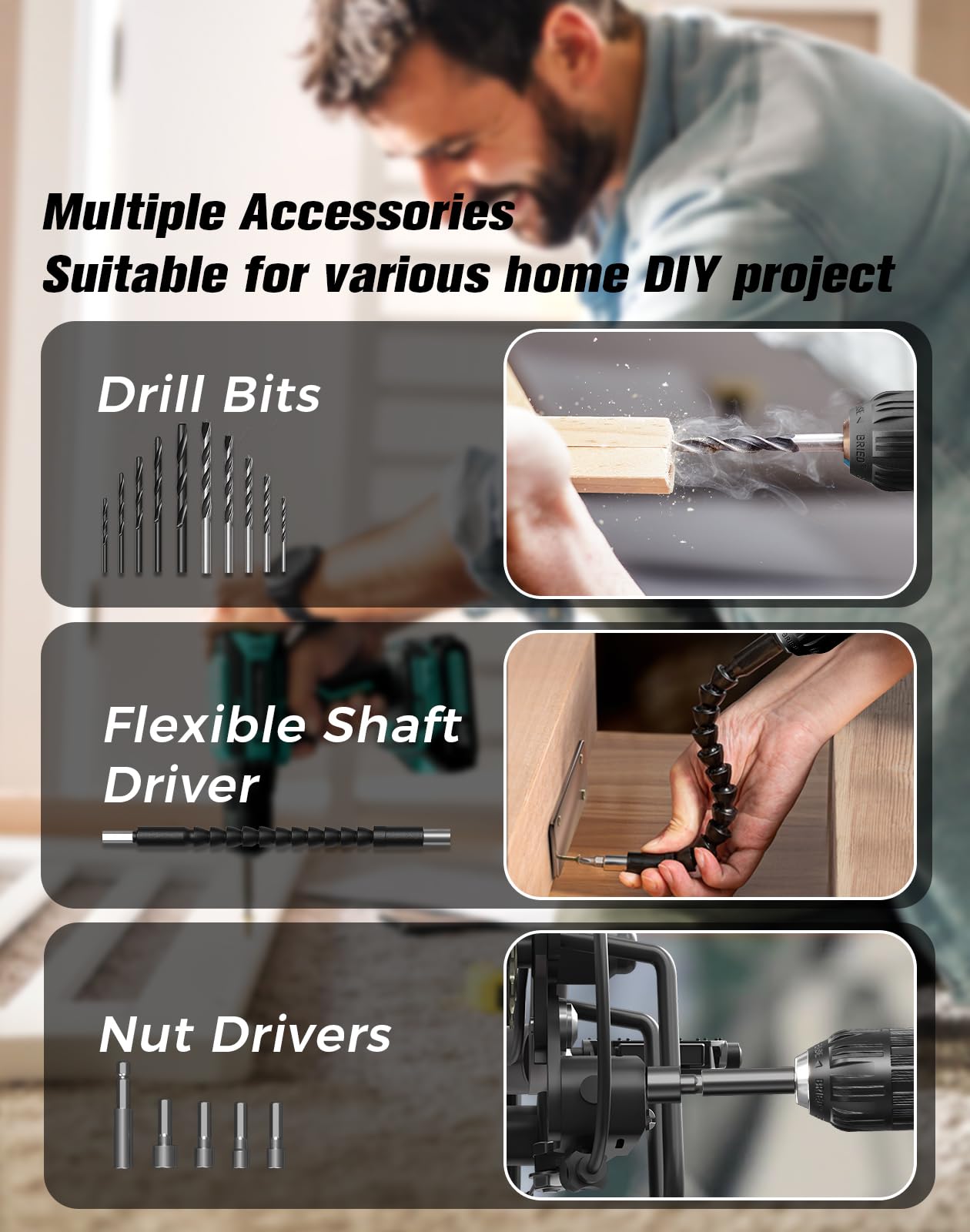 VIWKO drill in action assembling furniture and shelving with steady performance.