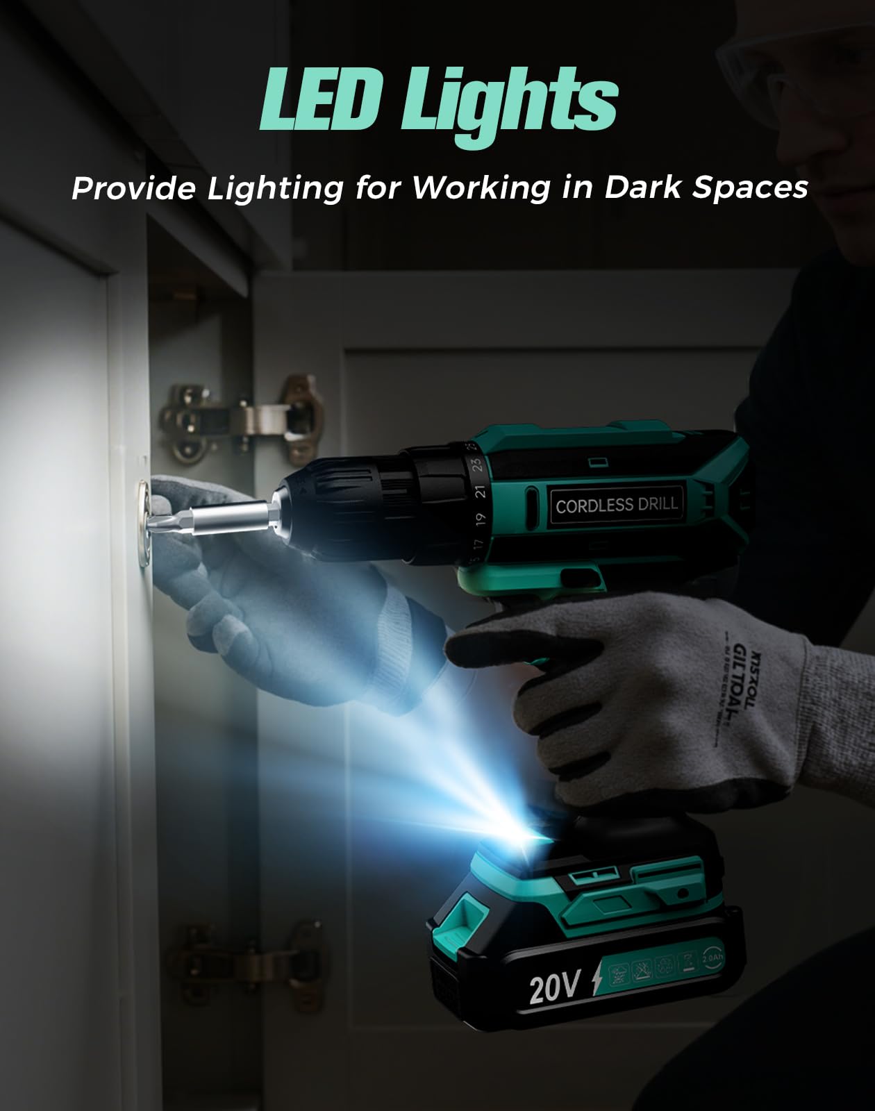 VIWKO work area shows LED light illuminating tight spaces for precise drilling.