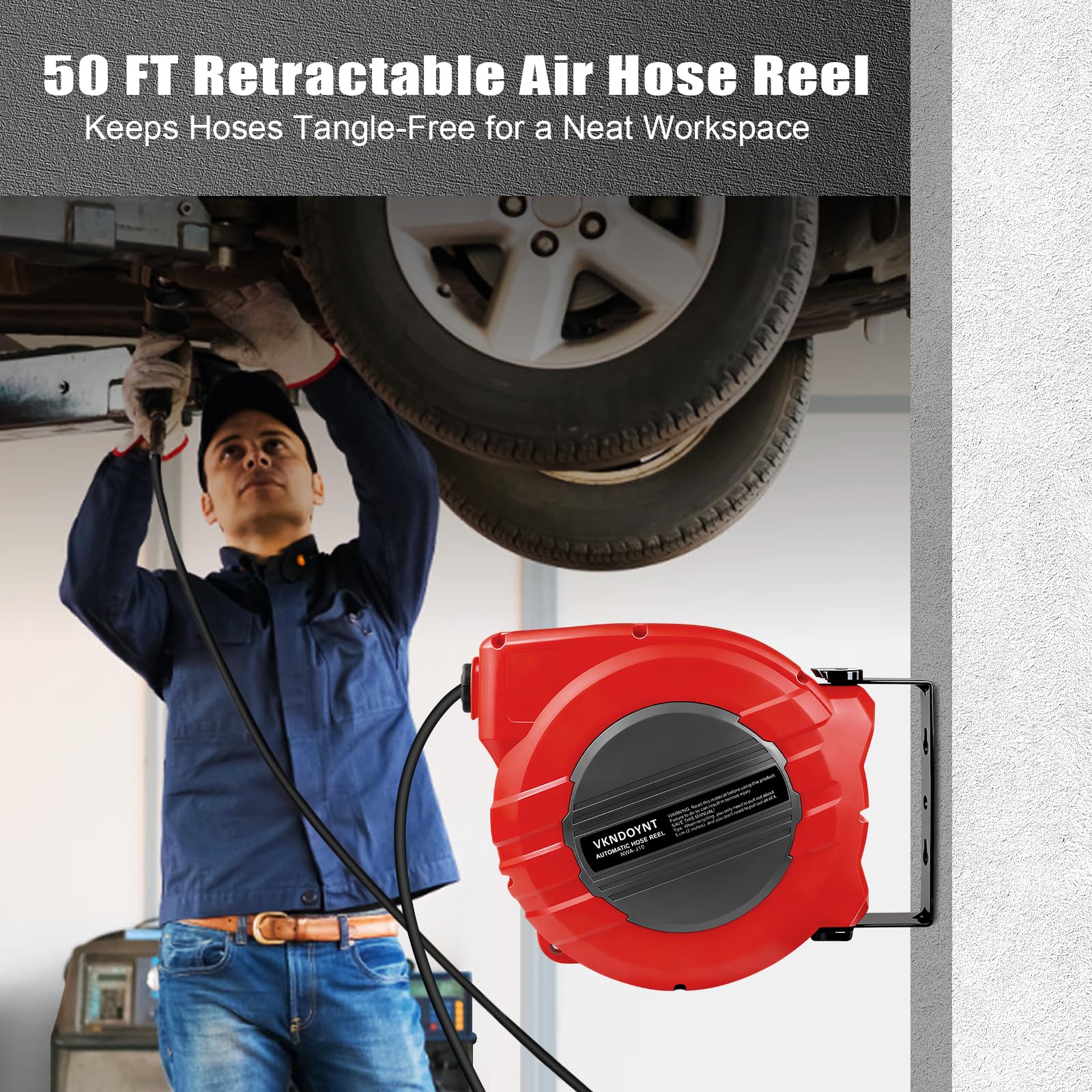 Vkndoynt air hose reel wall mount bracket enabling 180° reach.