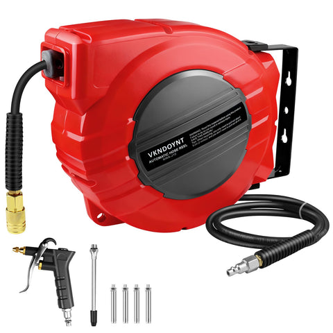 Vkndoynt retractable air hose reel assembly with auto rewind for easy setup.