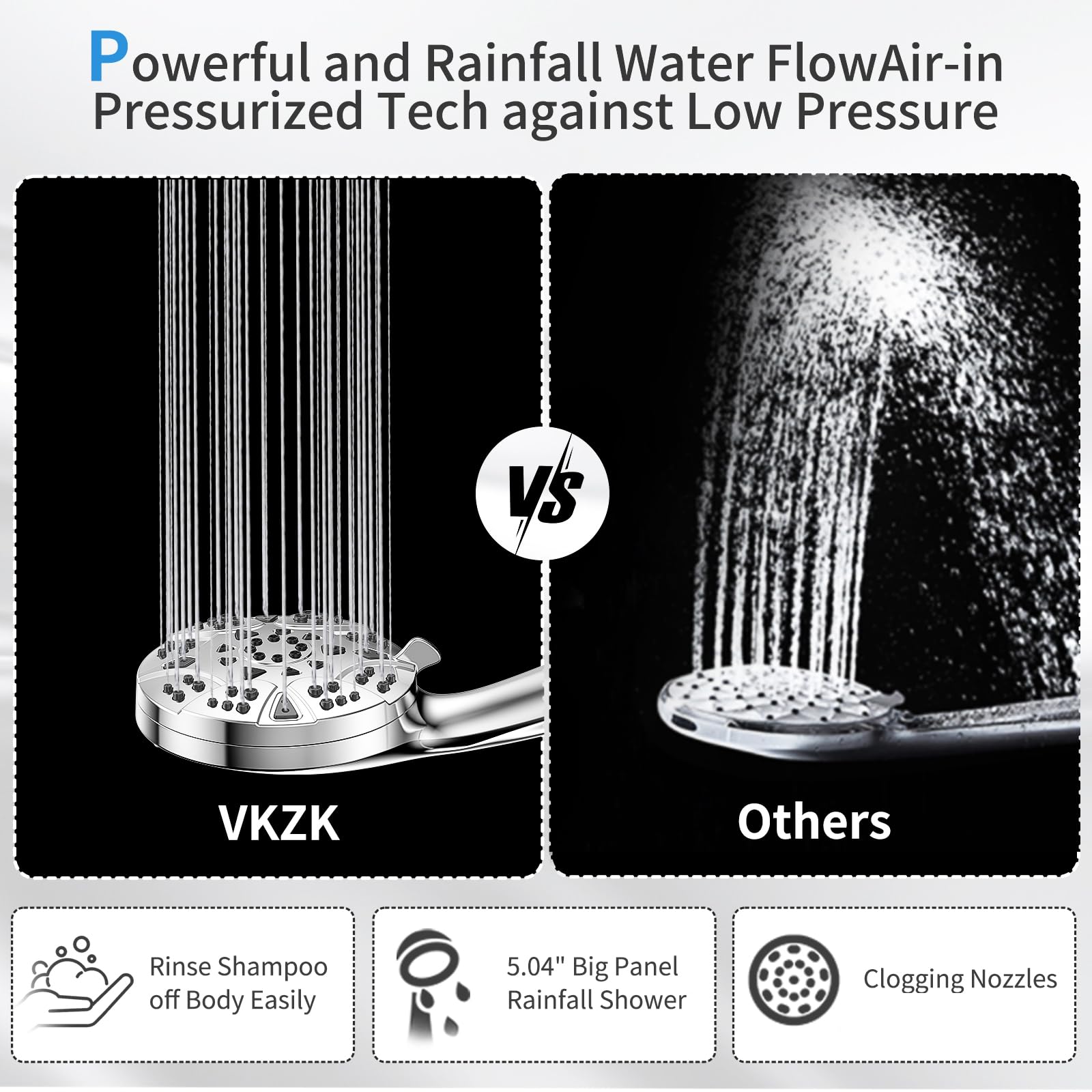 VKZK dual-width fan spray and point jet for thorough rinsing.