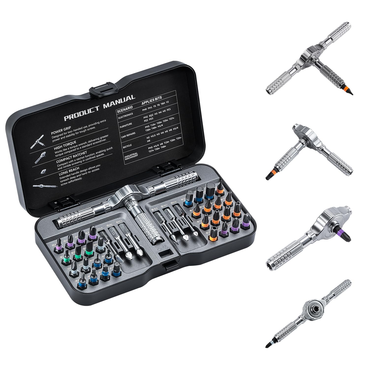 VMAN ratchet screwdriver set 40-in-1 with versatile bits for quick DIY assembly.