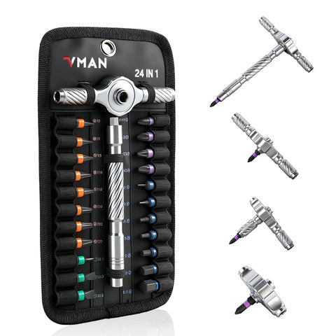 VMAN ratchet screwdriver with magnetic bits for fast alignment in tight spaces.