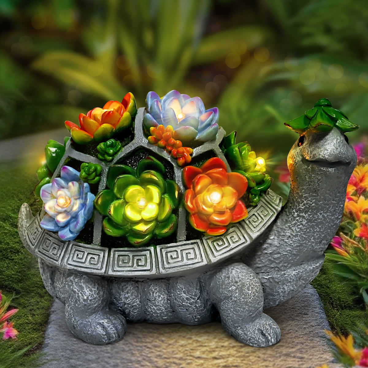 VMANYFIRE solar garden turtle front view glows at night for welcoming outdoor spaces.