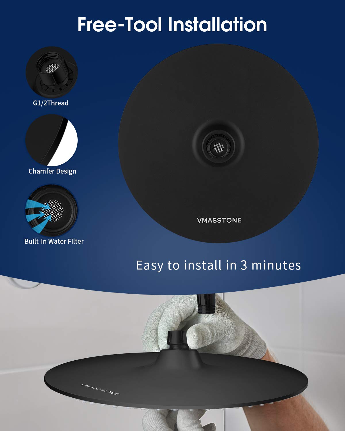 Air-in technology detail from VMASSTONE enhances water feel and perceived pressure