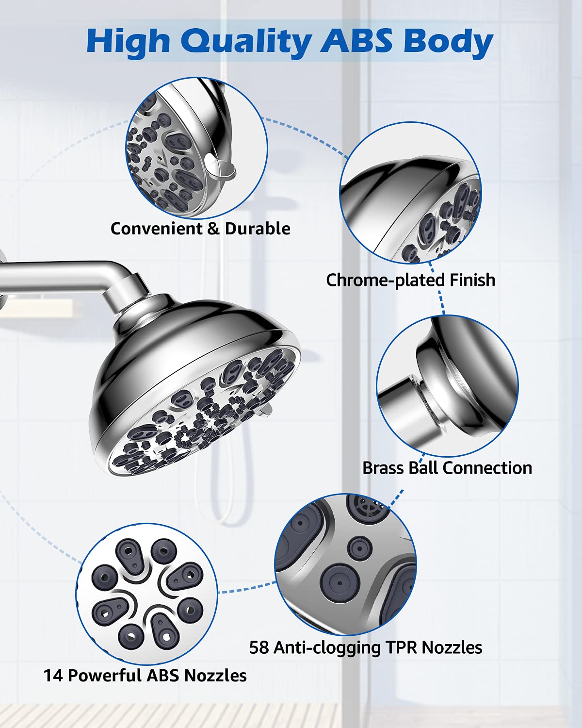 VMASSTONE showerhead includes a built-in filter and gasket for leak-proof performance.