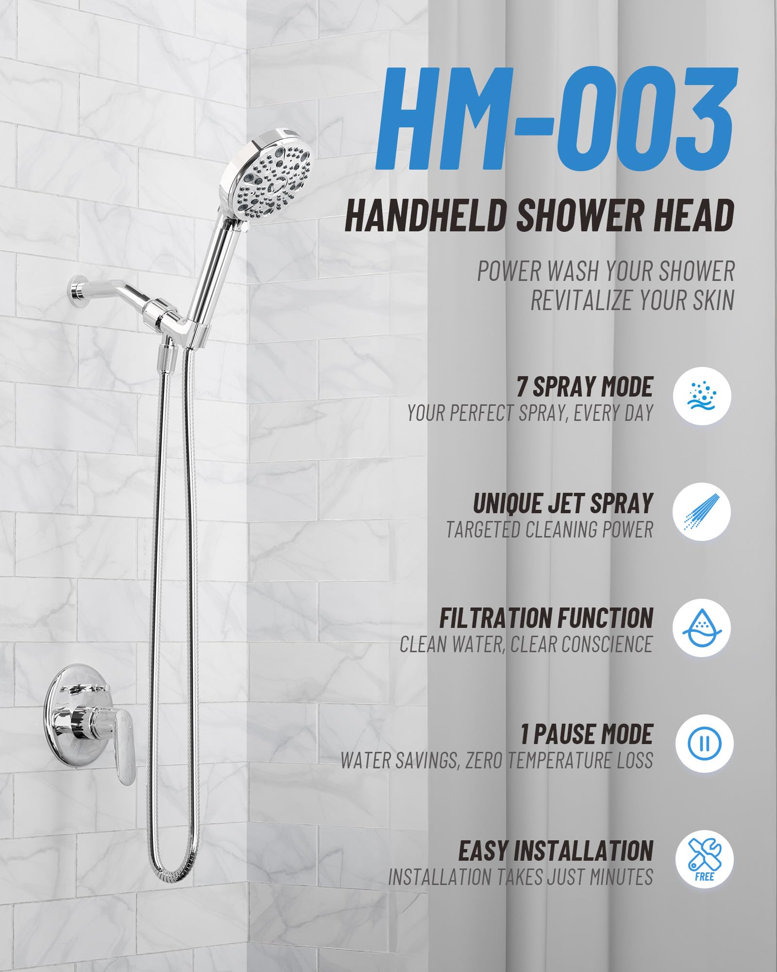 VMASSTONE HM-003 seven-spray-modes offer customizable comfort and high-pressure options