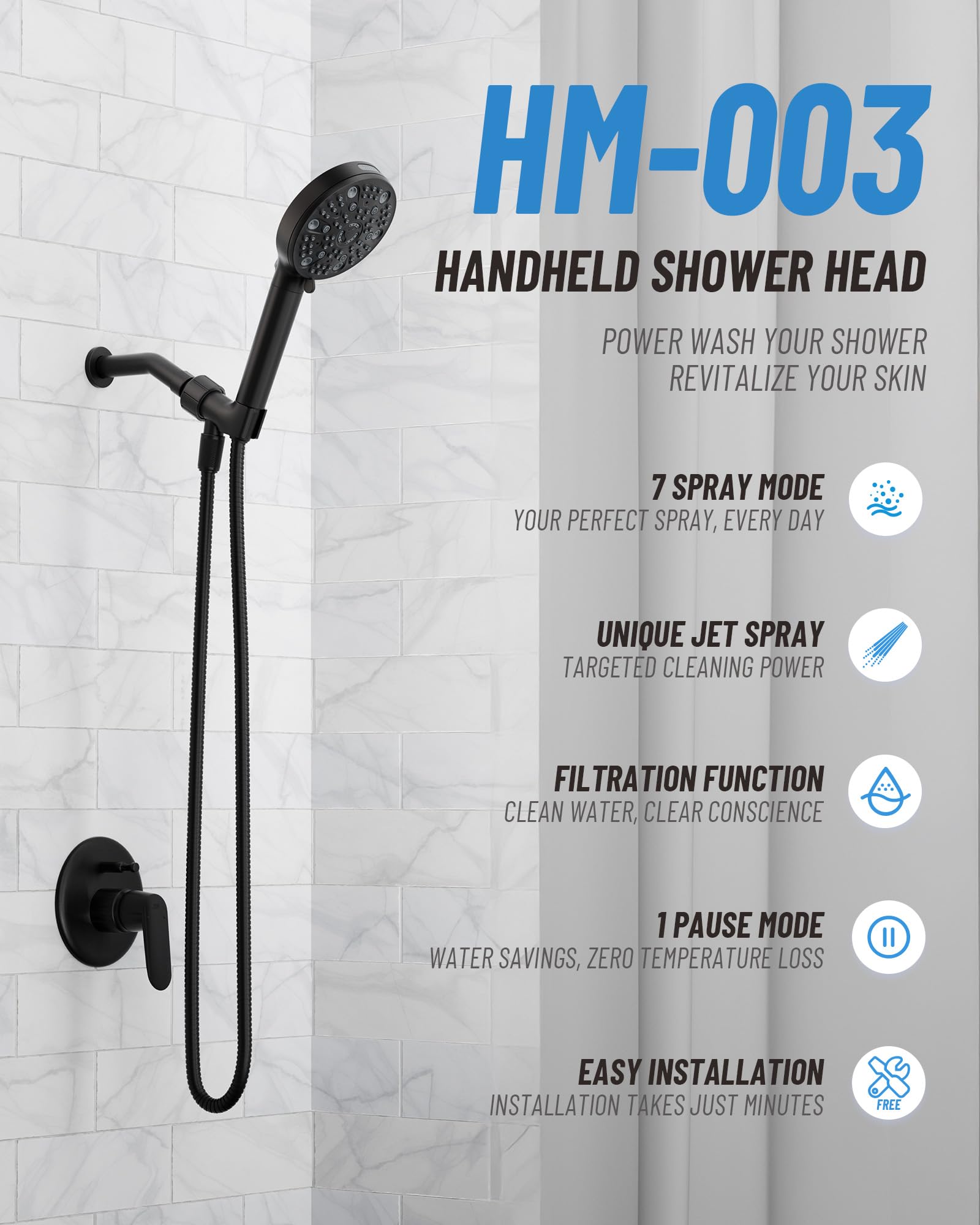 VMASSTONE HM-003 features 5-media filtration reducing impurities for healthier bathing.