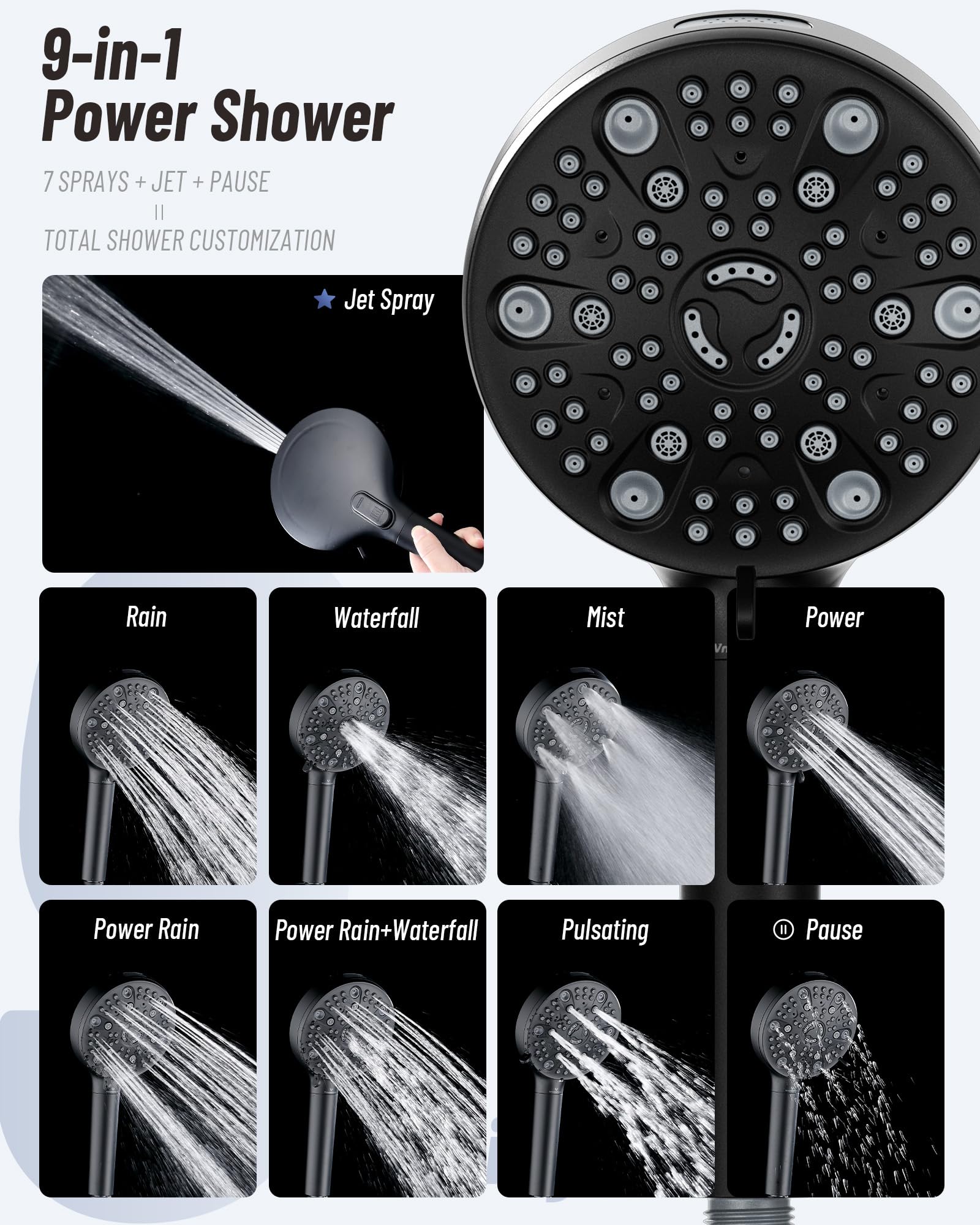 VMASSTONE HM-003 offers 7 spray modes for customized shower experiences.