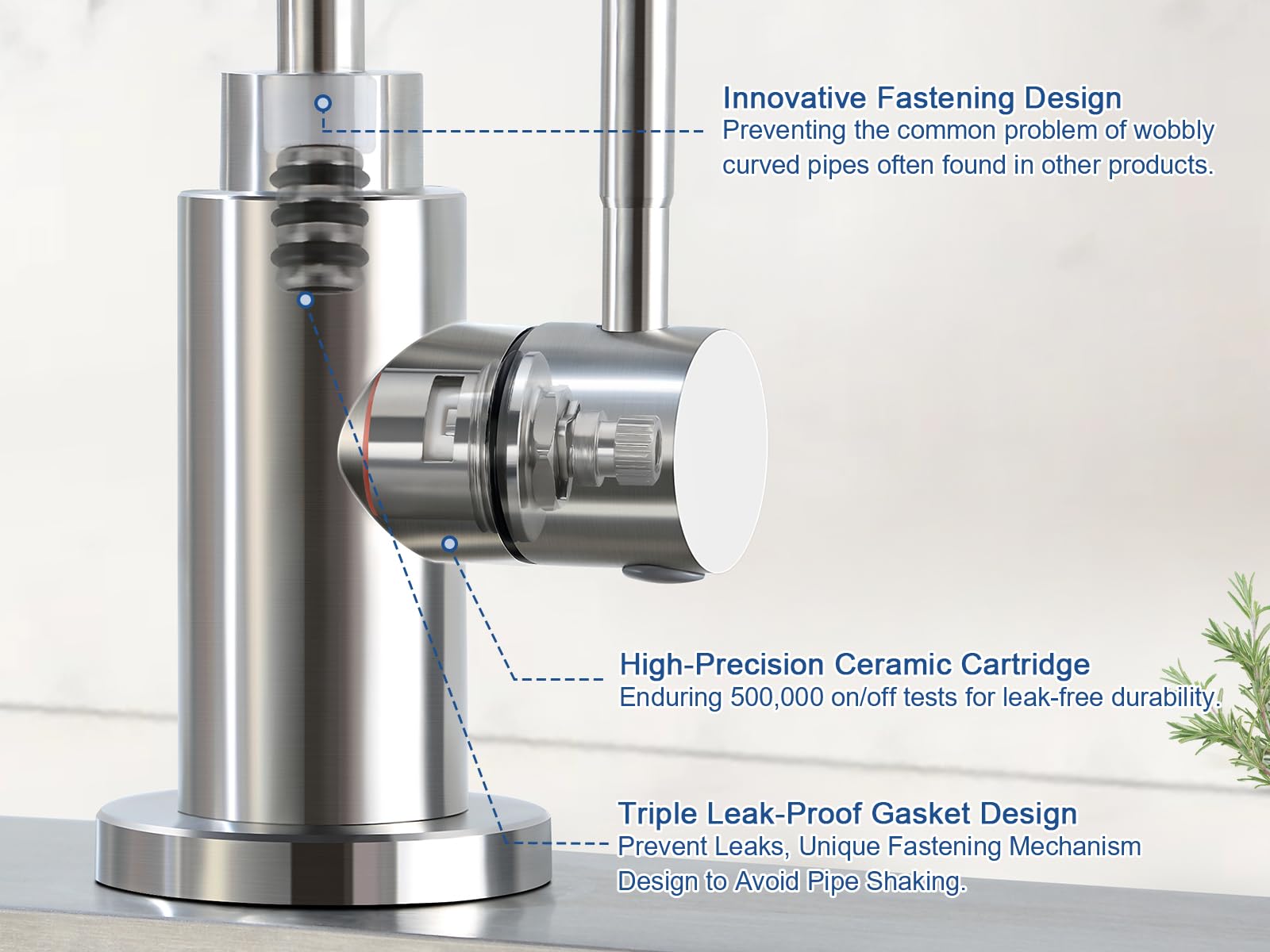 VMASSTONE faucet features triple seals and ceramic valve core to resist leaks.