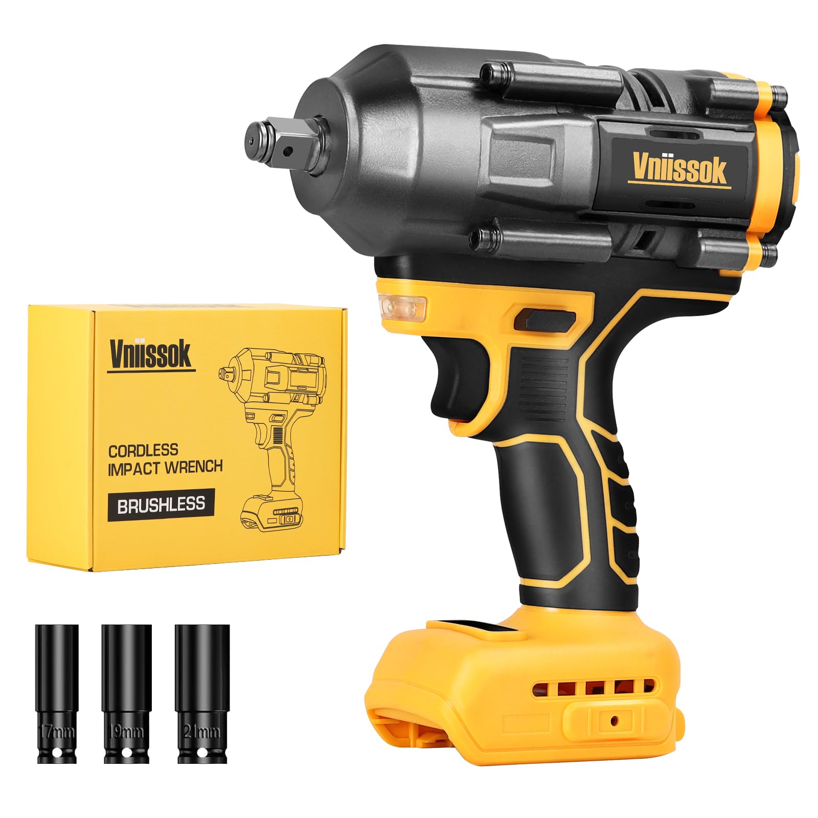Vniissok cordless impact wrench with DEWALT 20V compatibility for quick tightening.