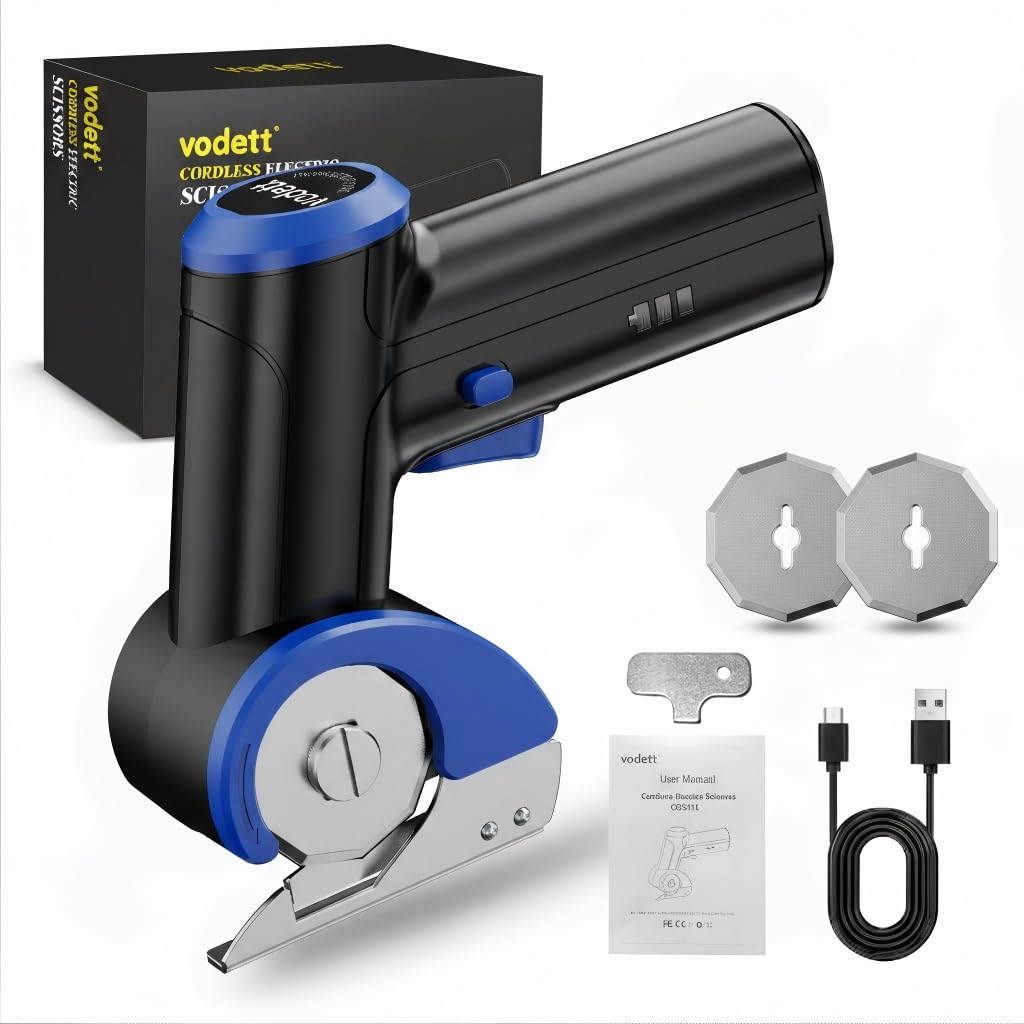 vodett 4V cordless electric scissors demonstrating portable cutting on boxes and fabrics