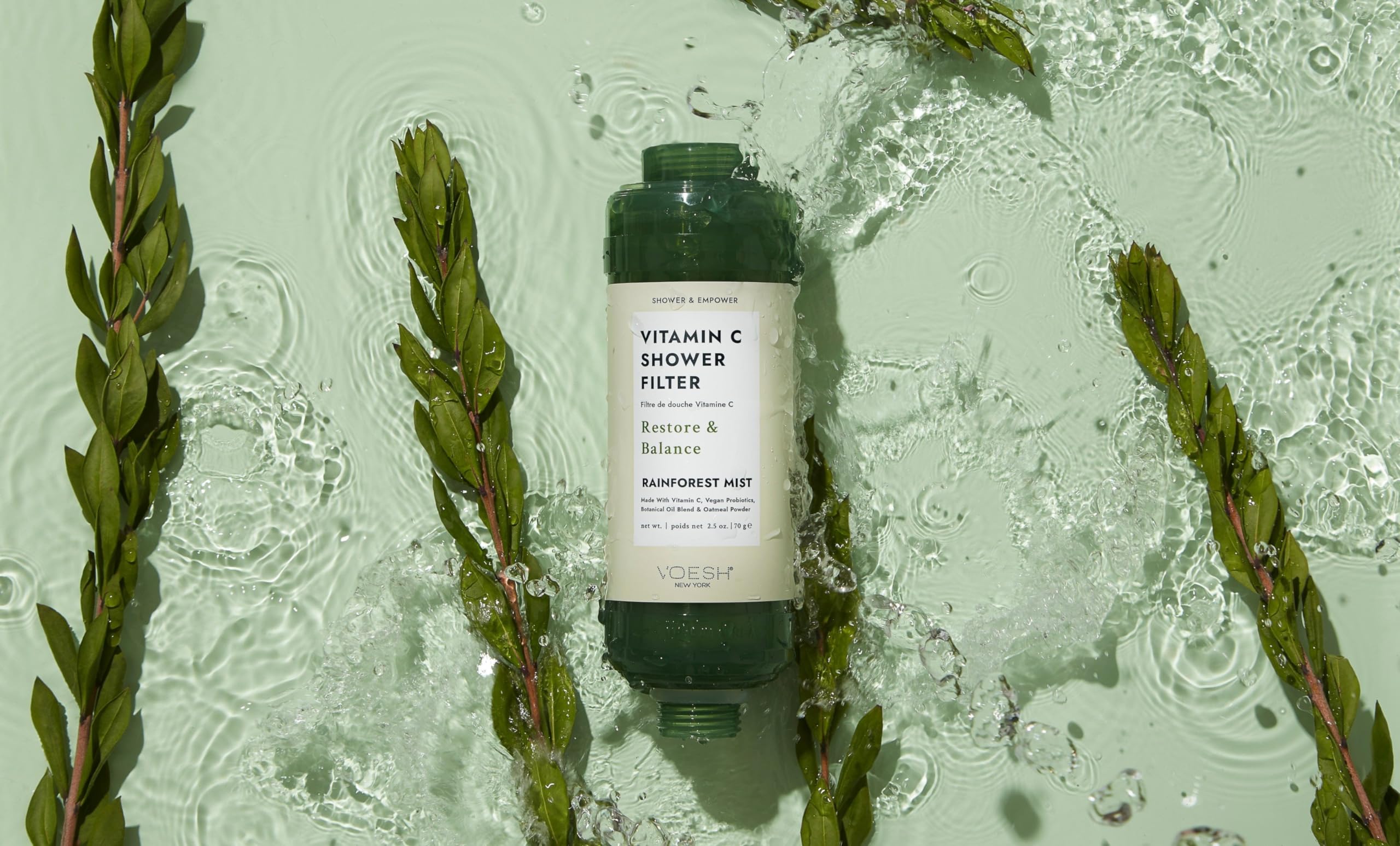 VOESH aromatherapy shower filter Rainforest Mist elevates mood during daily showers.