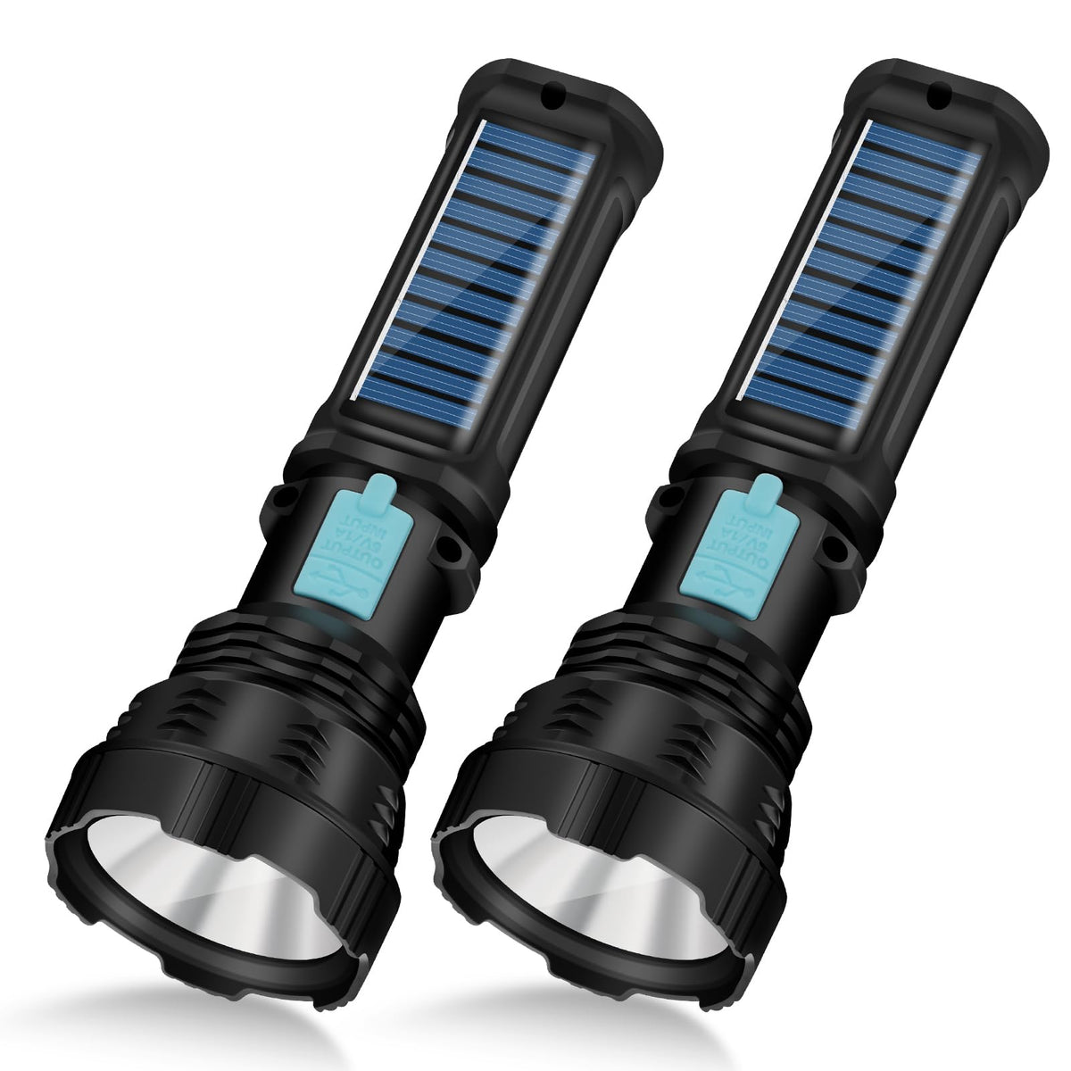 VOETIR solar flashlight 1500lm beam for camping and emergencies.