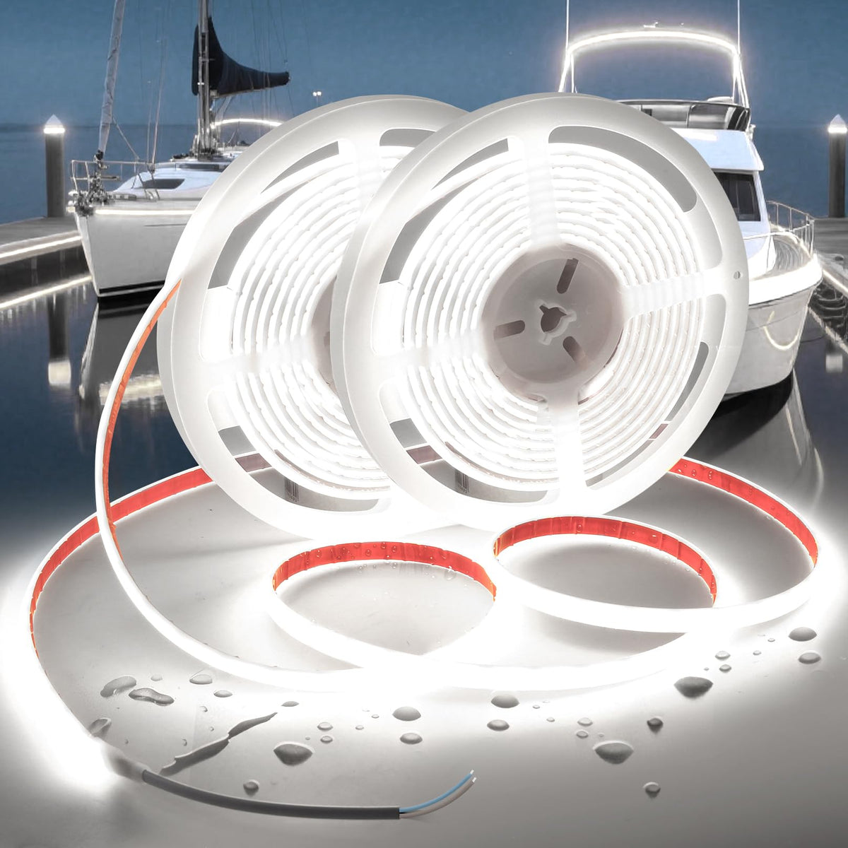 VOEWT COB LED strip with dual 32.8 ft rolls for seamless boat lighting.