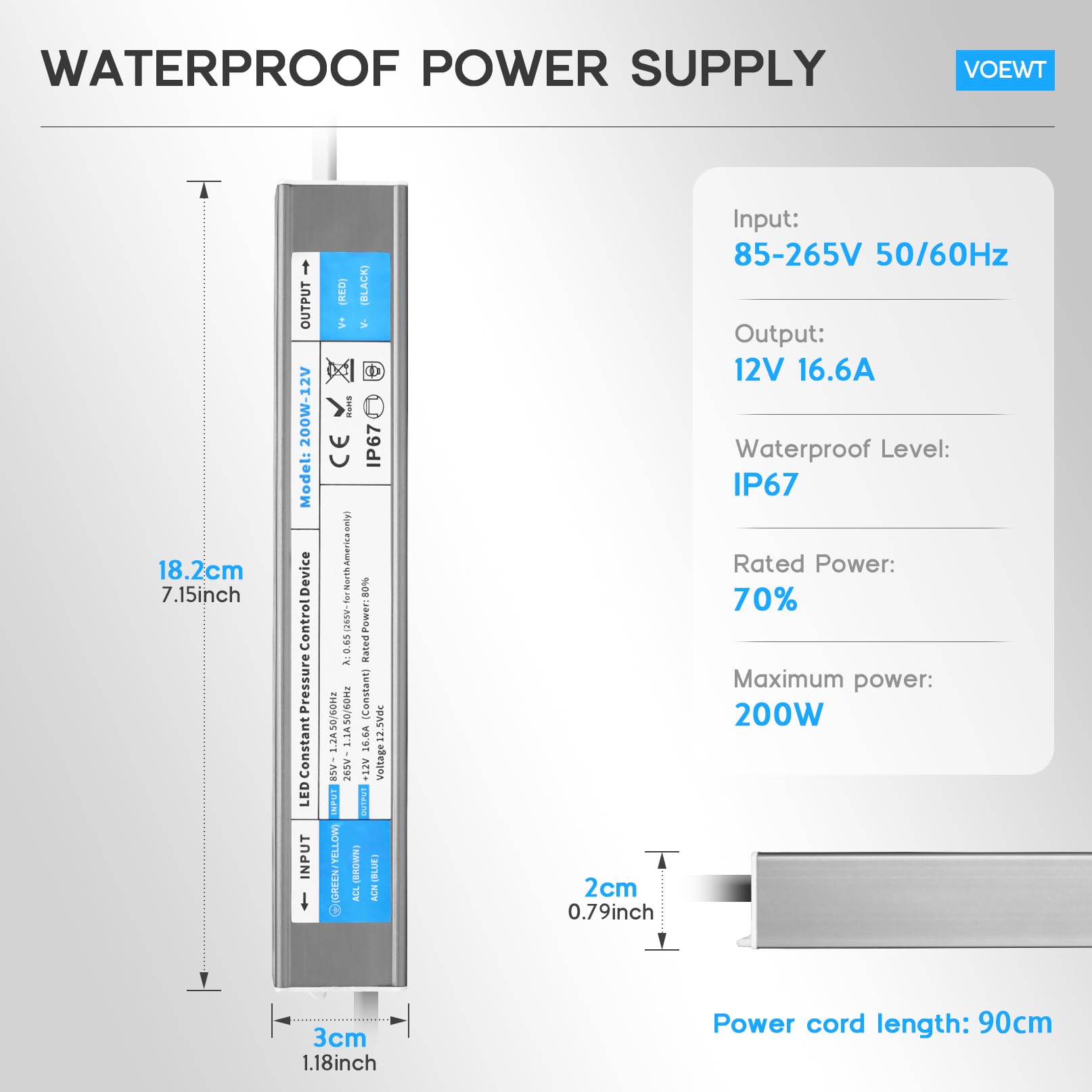VOEWT 200W installation-friendly driver with 3-prong plug and 3 ft cable.