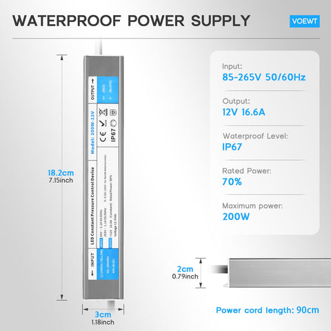 VOEWT 200W installation-friendly driver with 3-prong plug and 3 ft cable.