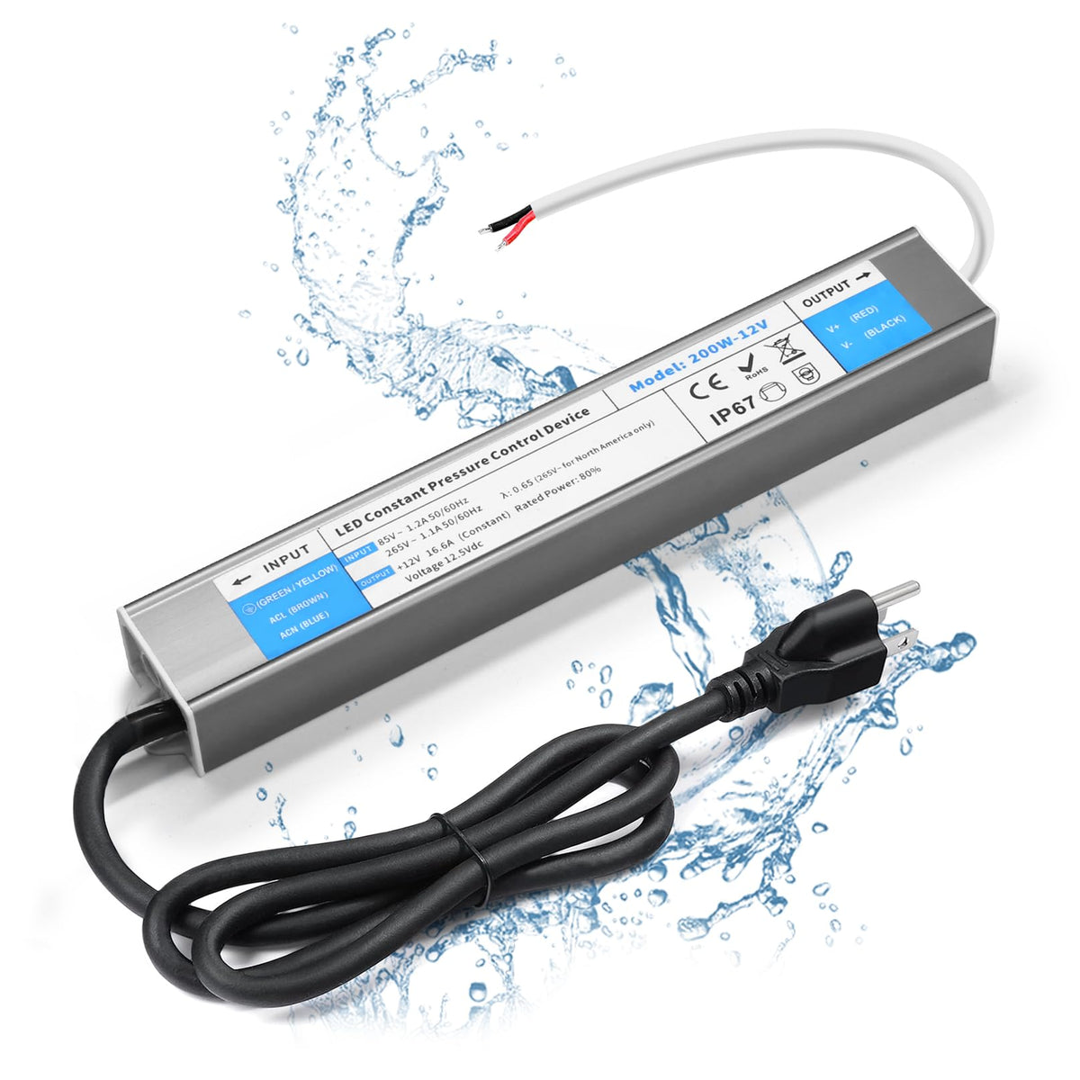 VOEWT 200W LED driver front view with outdoor IP67 protection for LEDs.