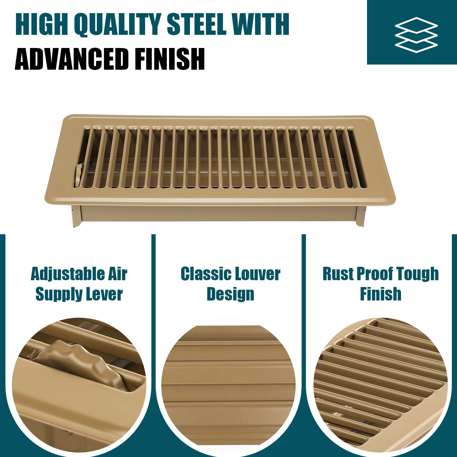 VOISEN floor register 4x12 brown powder-coated steel for high-traffic areas.