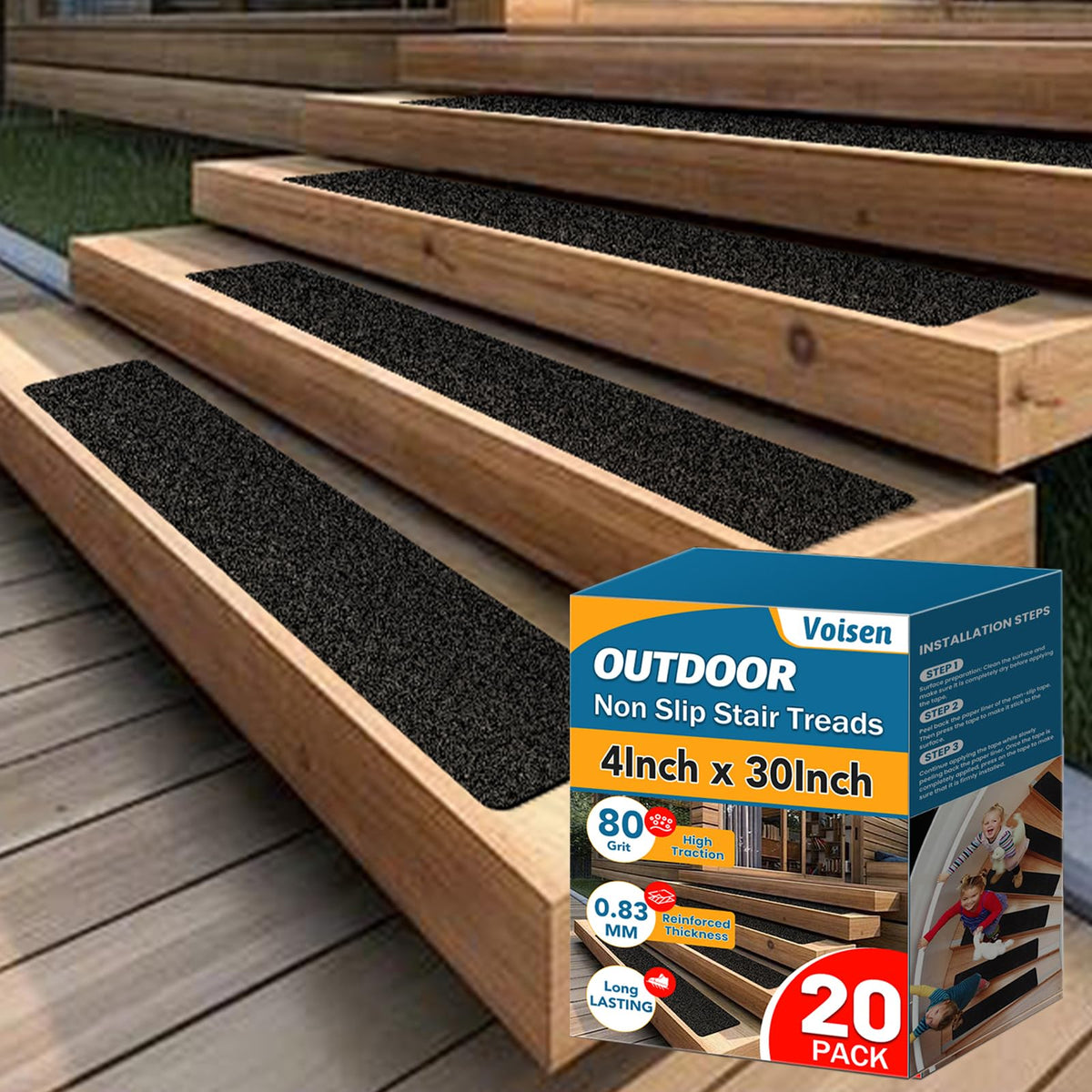 VOISEN outdoor stair treads with pre-cut 4x30 inch strips for durable grip.