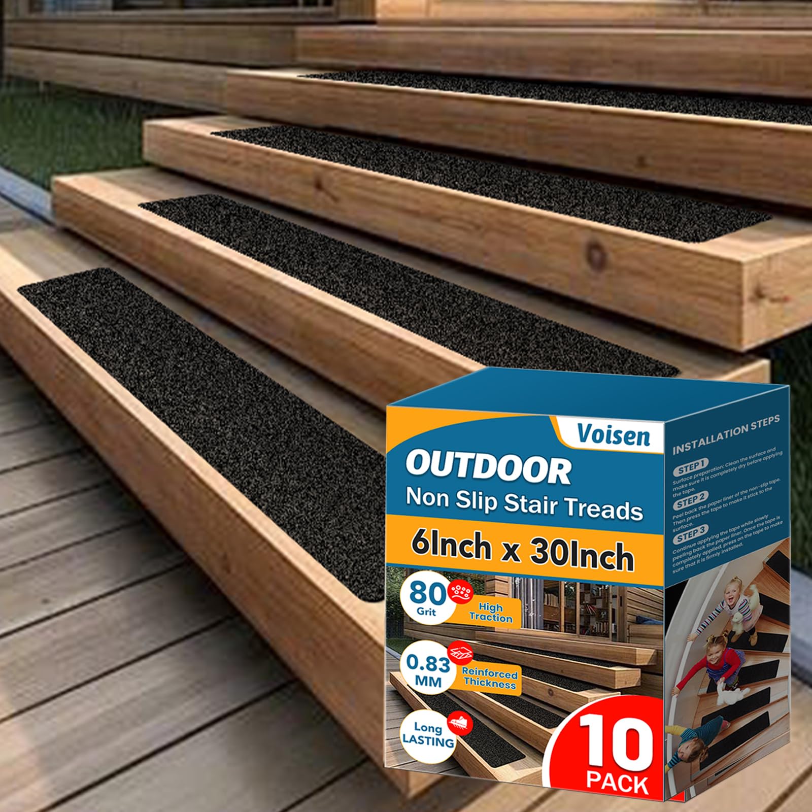 Voisen outdoor stair treads box view with durable pre-cut strips