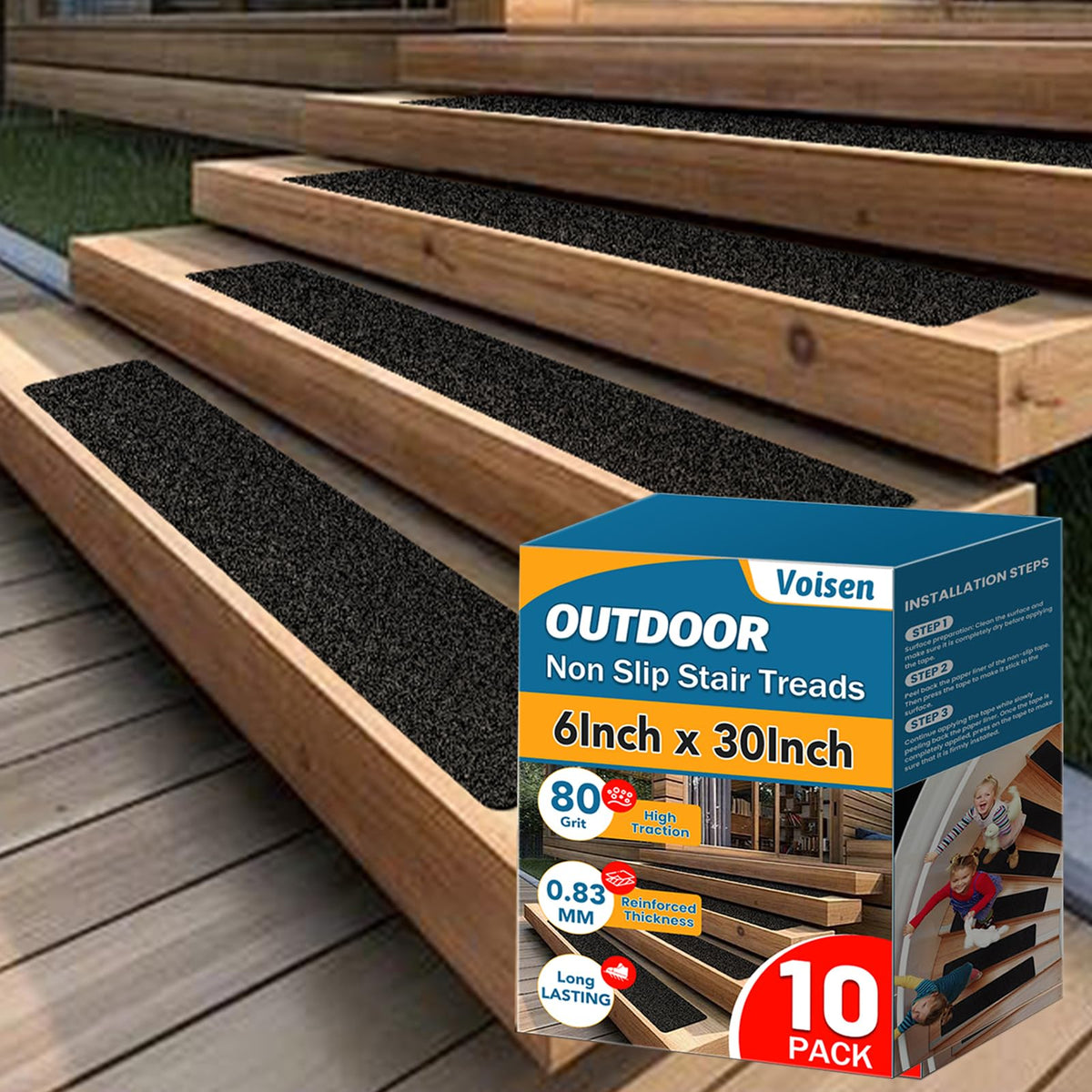 Voisen outdoor stair treads box view with durable pre-cut strips