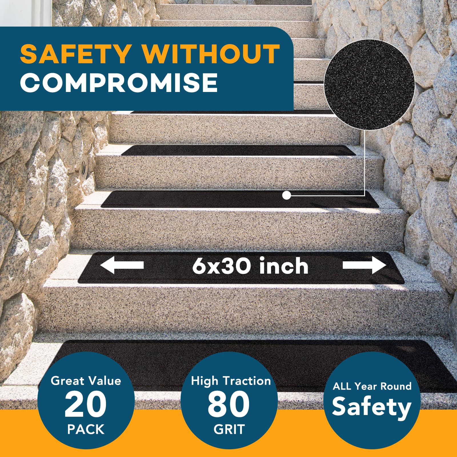 Voisen adhesive-backed tape close-up showing strong grip on outdoor steps
