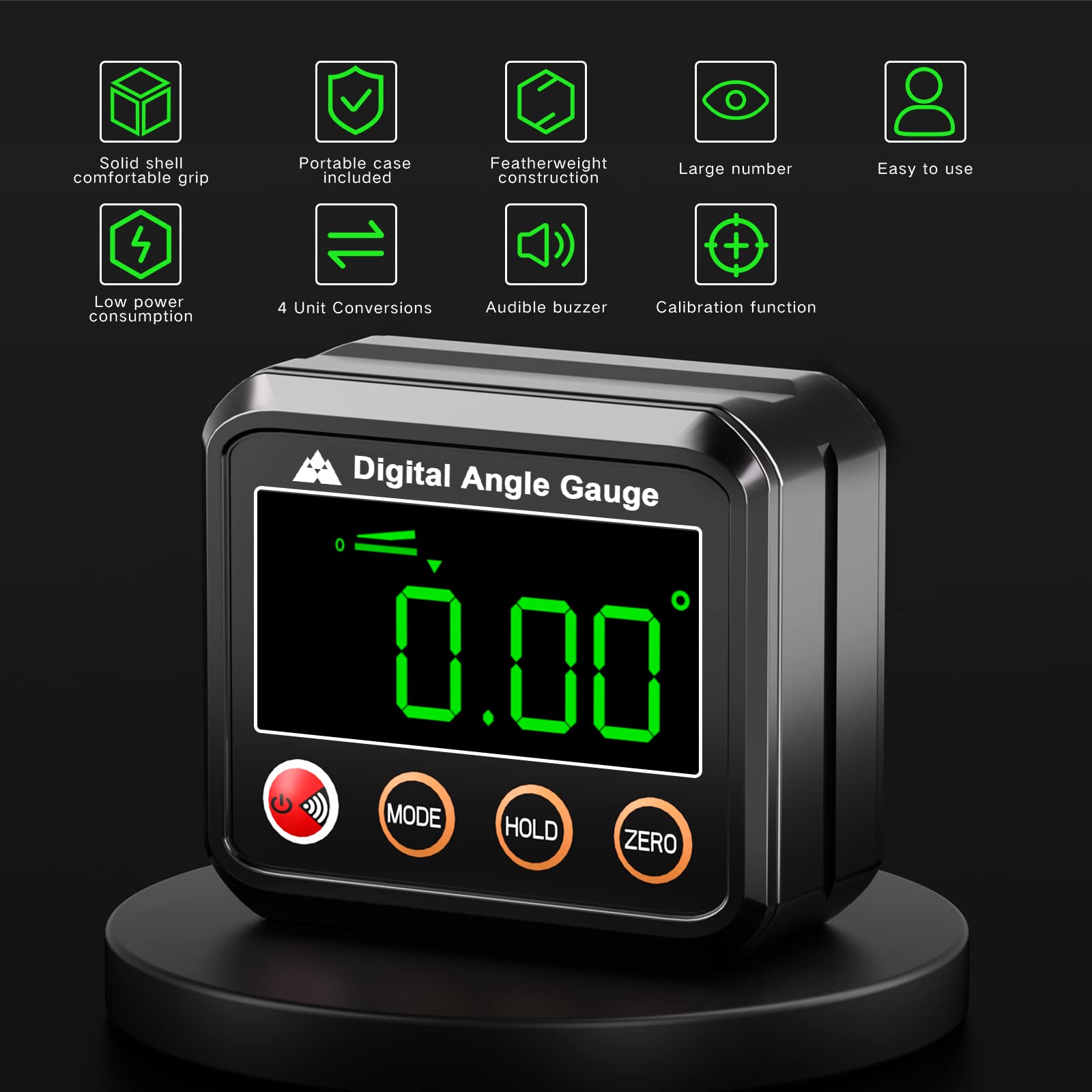 VOLCANOES CLUB digital inclinometer shows large numbers for easy readings