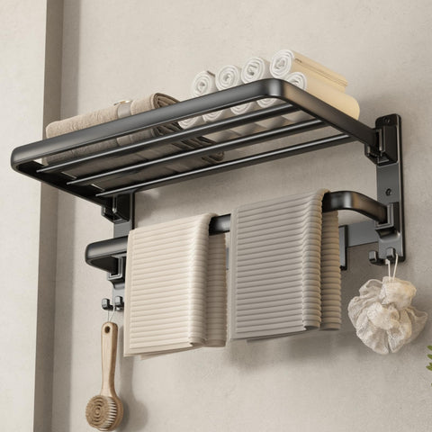 Voldra matte black 24-inch towel rack with foldable shelf for compact bathrooms.