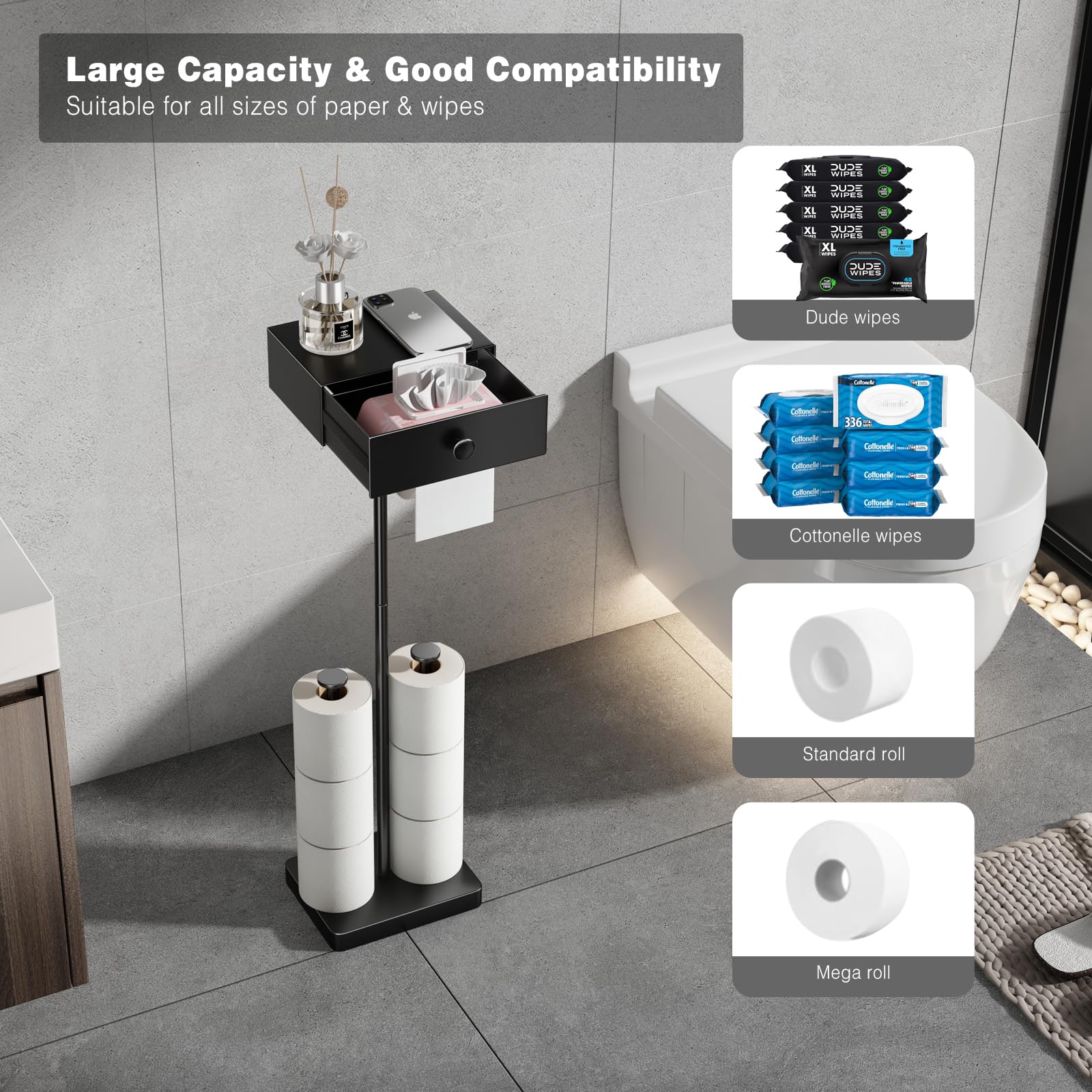 VOLDRA black free-standing toilet paper holder blends with bathroom décor.