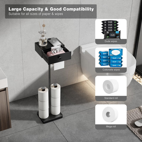 VOLDRA black free-standing toilet paper holder blends with bathroom décor.
