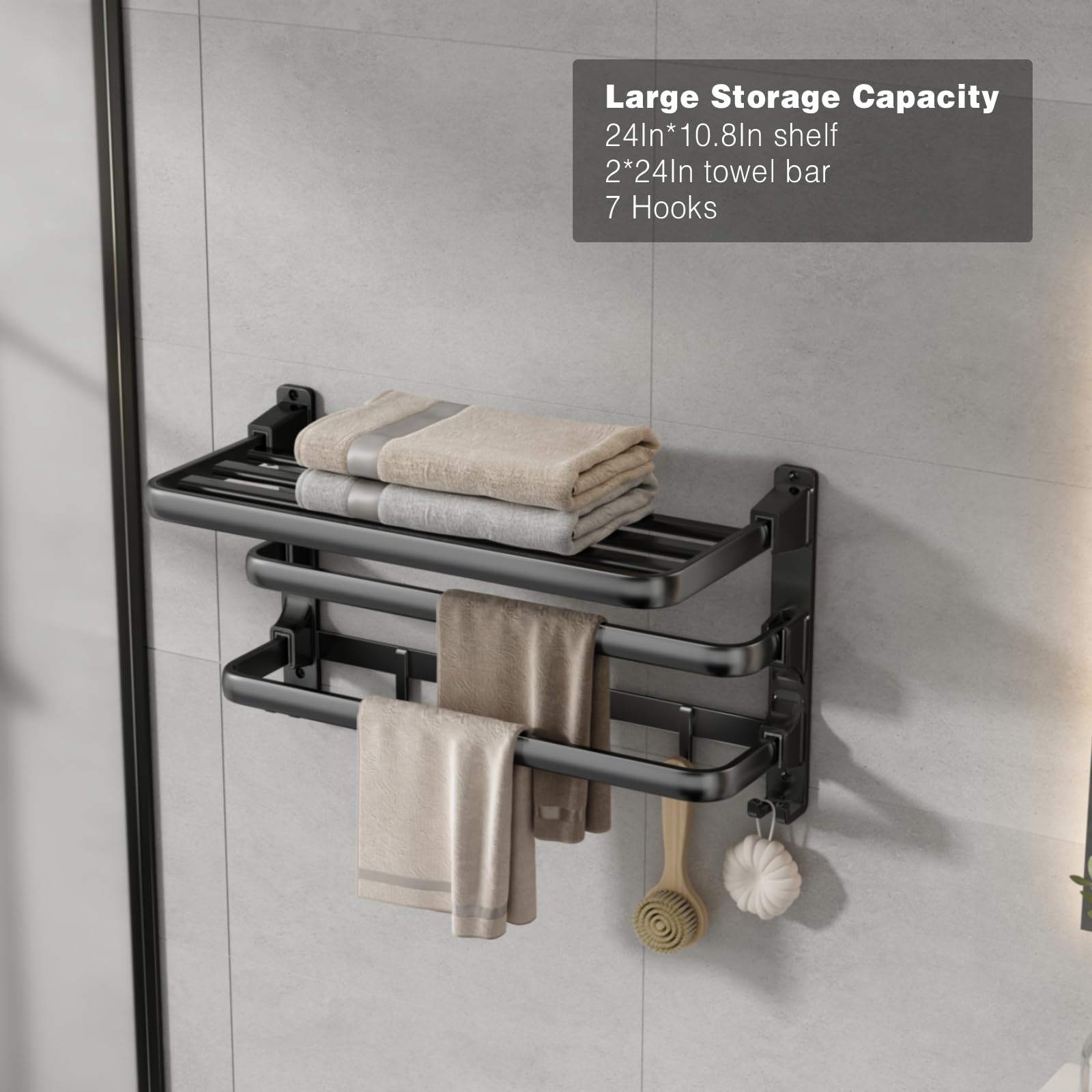 Foldable shelf and towel bars demonstrate space-saving design