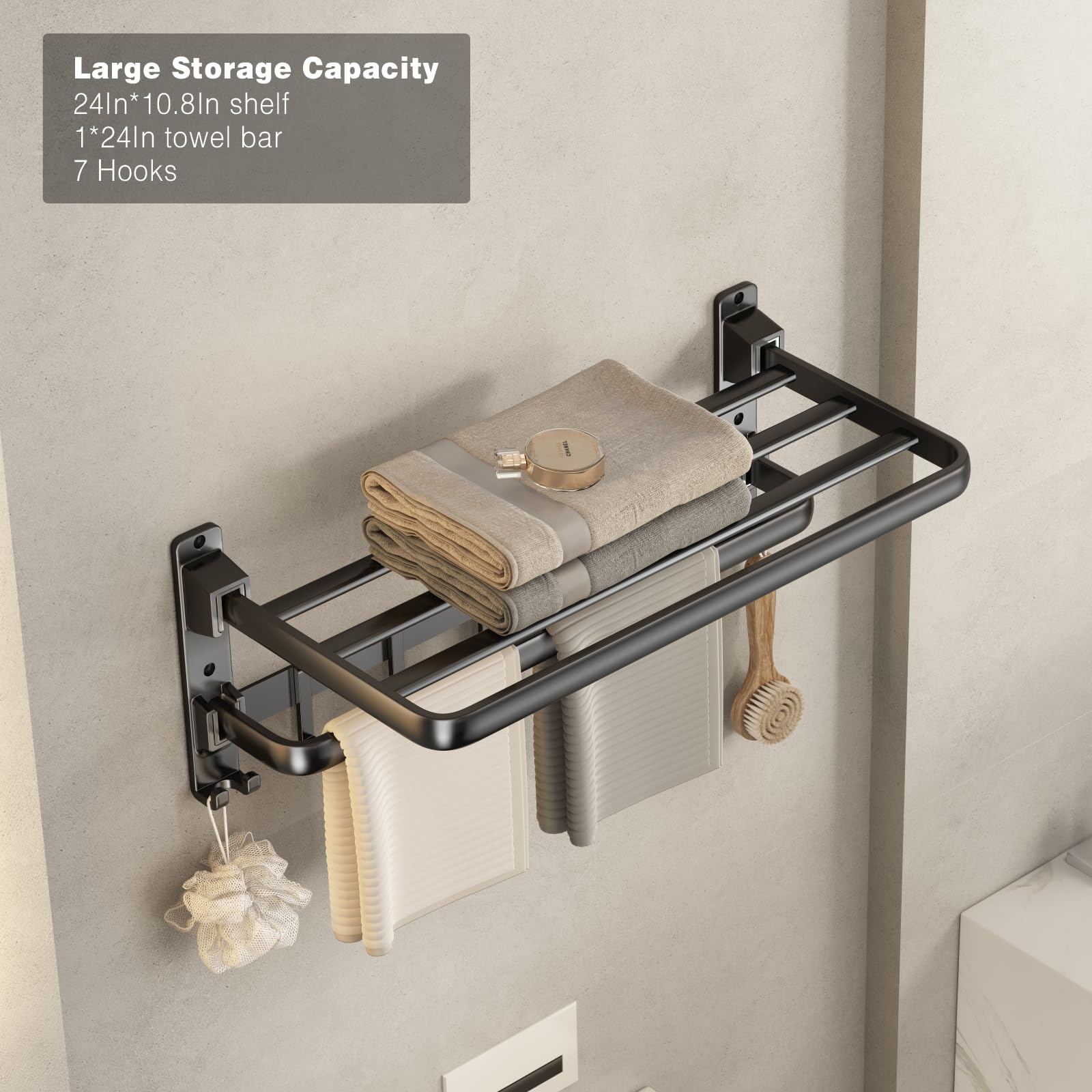 Voldra foldable towel shelf and bar offer extra storage when space is limited.