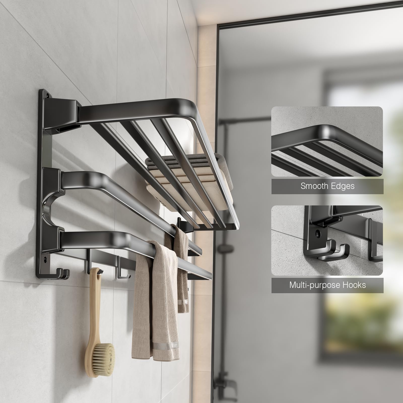 Two towel bars plus hooks provide versatile bathroom storage