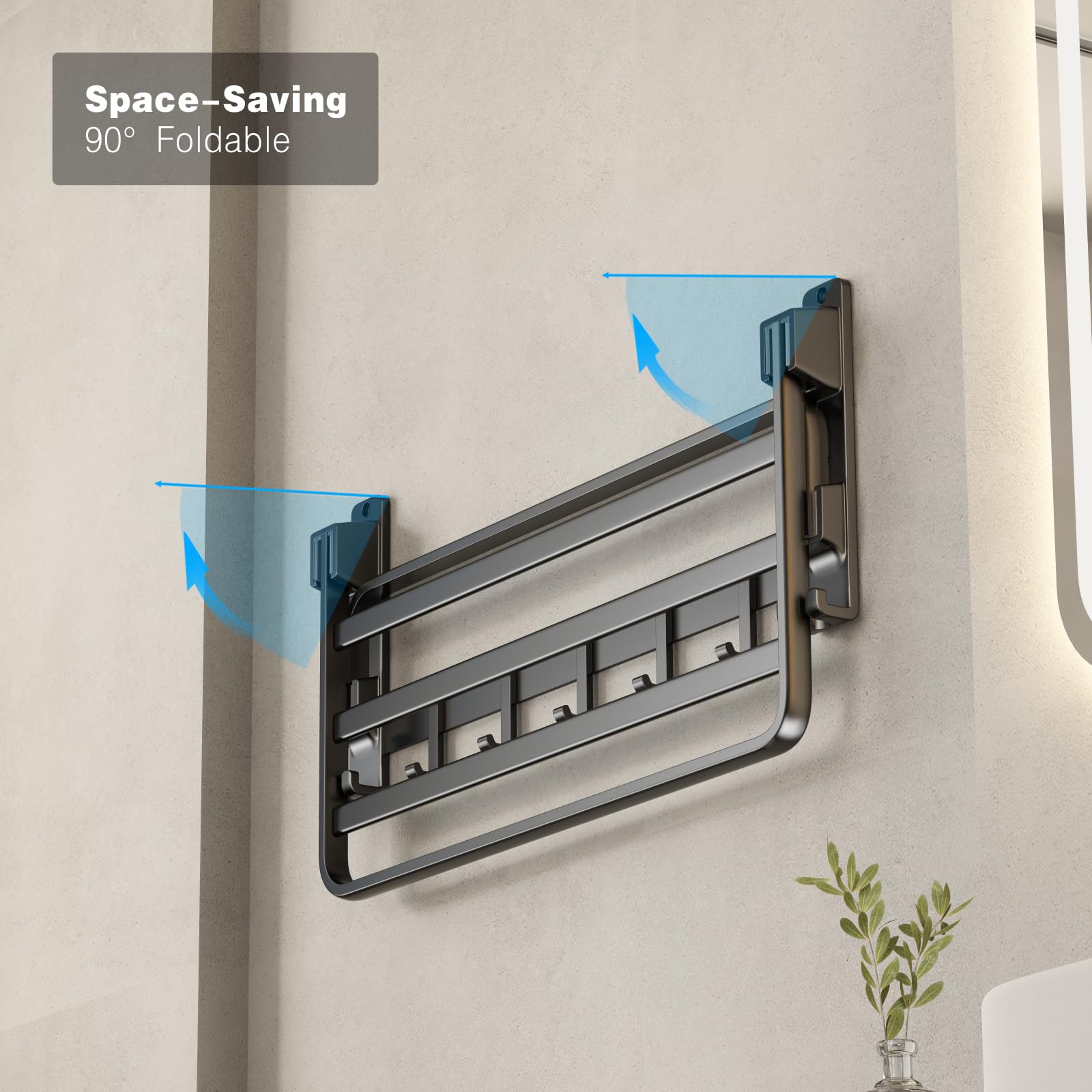 Voldra has two towel bars and multiple hooks for towels and accessories.