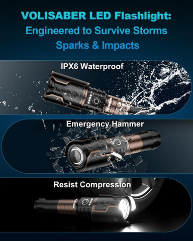 VOLISABER high-lumen beam ideal for camping and emergency visibility.